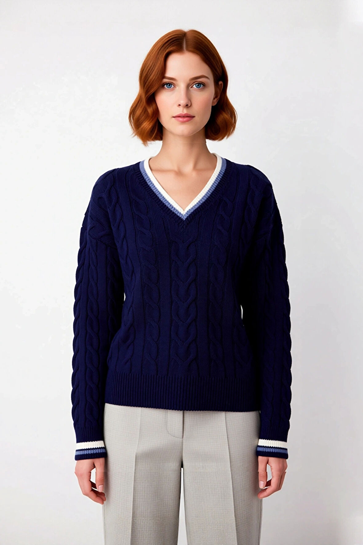 Kadın Bordo Rengi Saç Örgü Desenli V Yaka Triko Kazak Düşük Kol Rahatlık Sunan Sonbahar Kış