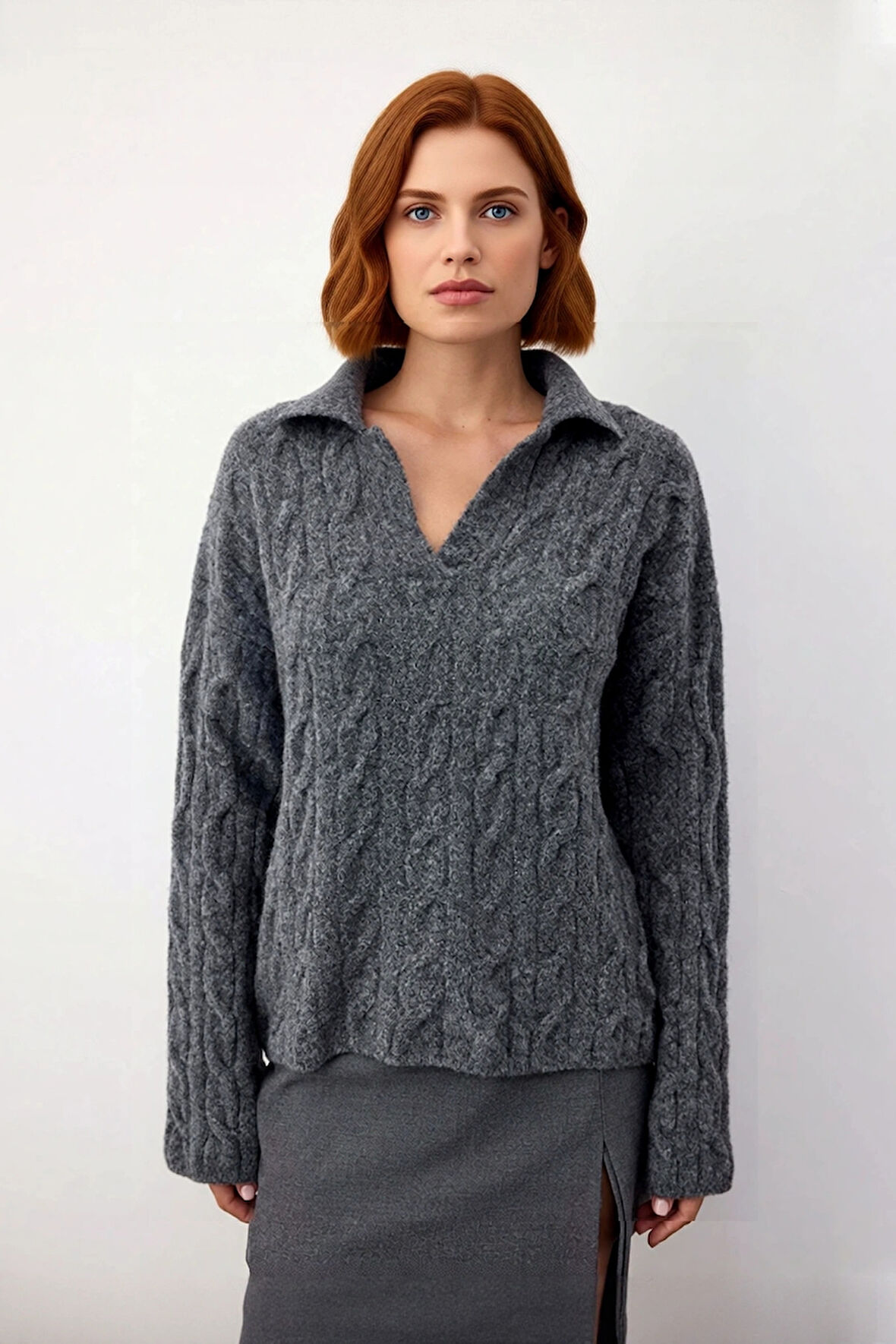 Kadın Geniş Kalıp Düşük Kol Apaş Yaka Saç Örgü Triko Kazak Soğuk Günlerde Konforlu Kullanım İçin