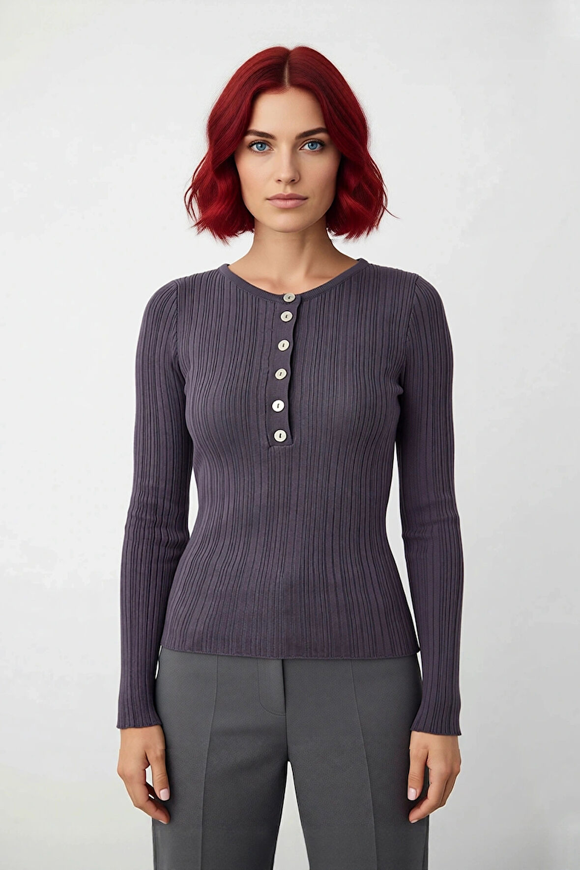 Kadınlara Özel İnce Fitted Triko Bisiklet Yaka Uzun Kollu Fitilli Kazak Günlük Rahatlık Sunar