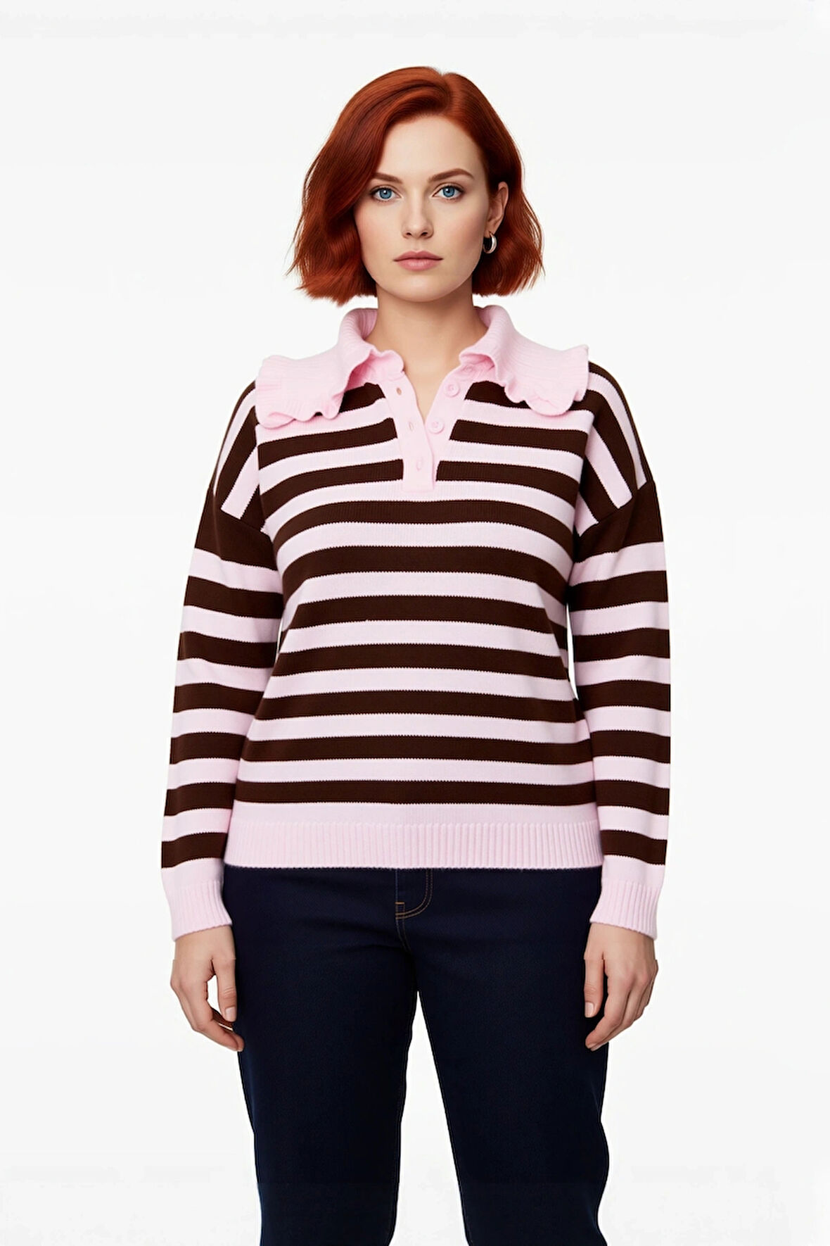 Modern Kadın Triko Kazak Bebe Yaka Çizgili Desen Orta Kalınlık Standart Kol Kış Şıklığı Kaliteli