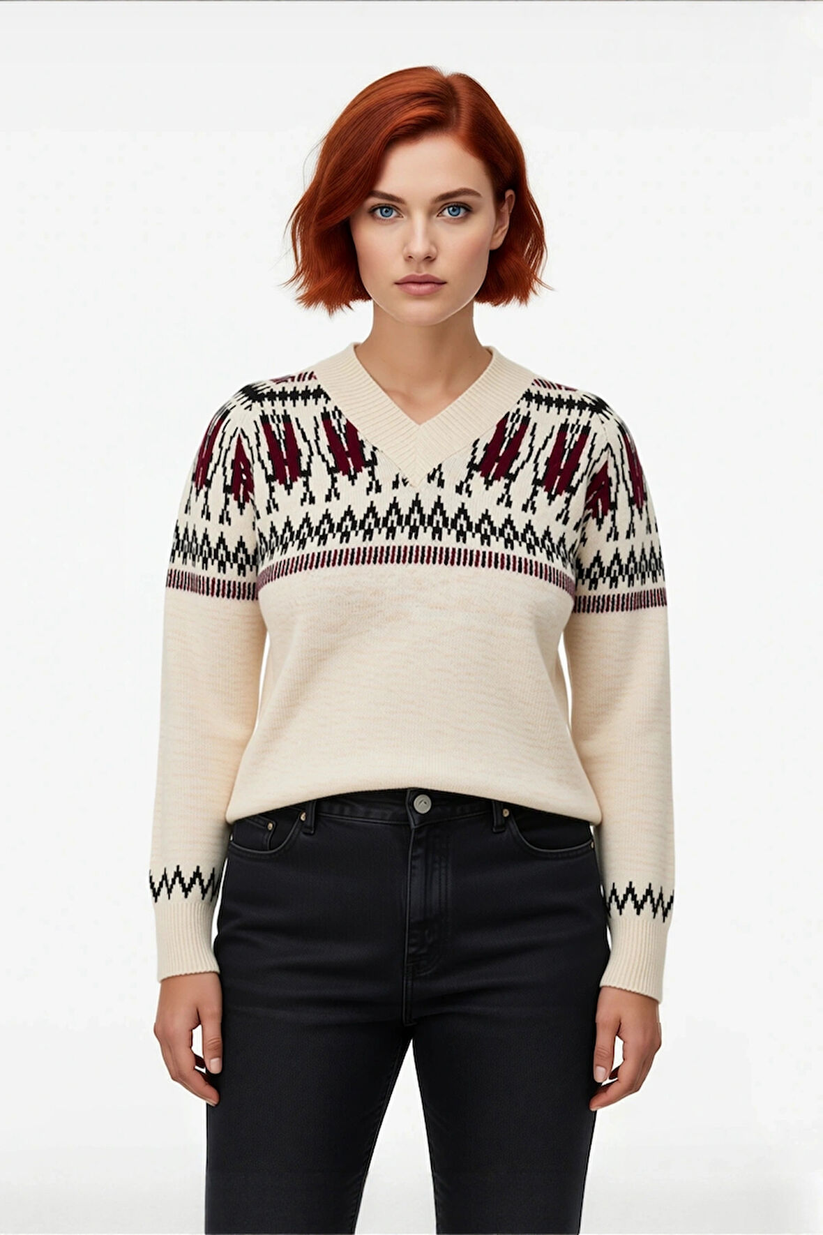 Kadınlara Özel Kışlık V Yaka Geometrik Desenli Triko Kazak Regular Kalıp Uzun Kol Kombin Kaliteli