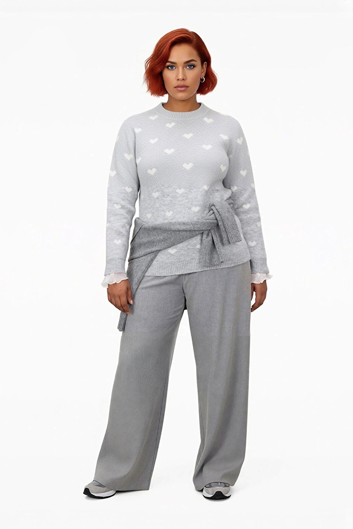 Kadınlara Özel Kalın Triko Kazak Kalp Desenli Bisiklet Yaka Reglan Kol Kış Şıklığı Sunar Kaliteli