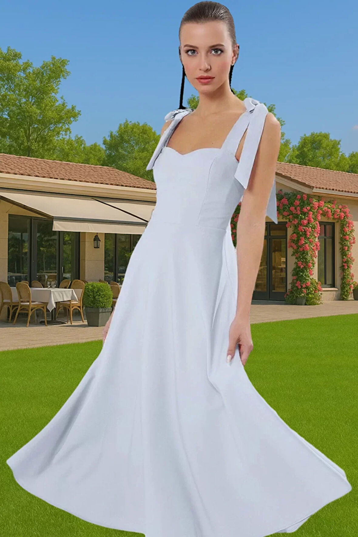 Feminen A Kesim Midi Abiye Elbise Polyester Elastan Dokuma Kumaştan Günlük Kullanım İçin