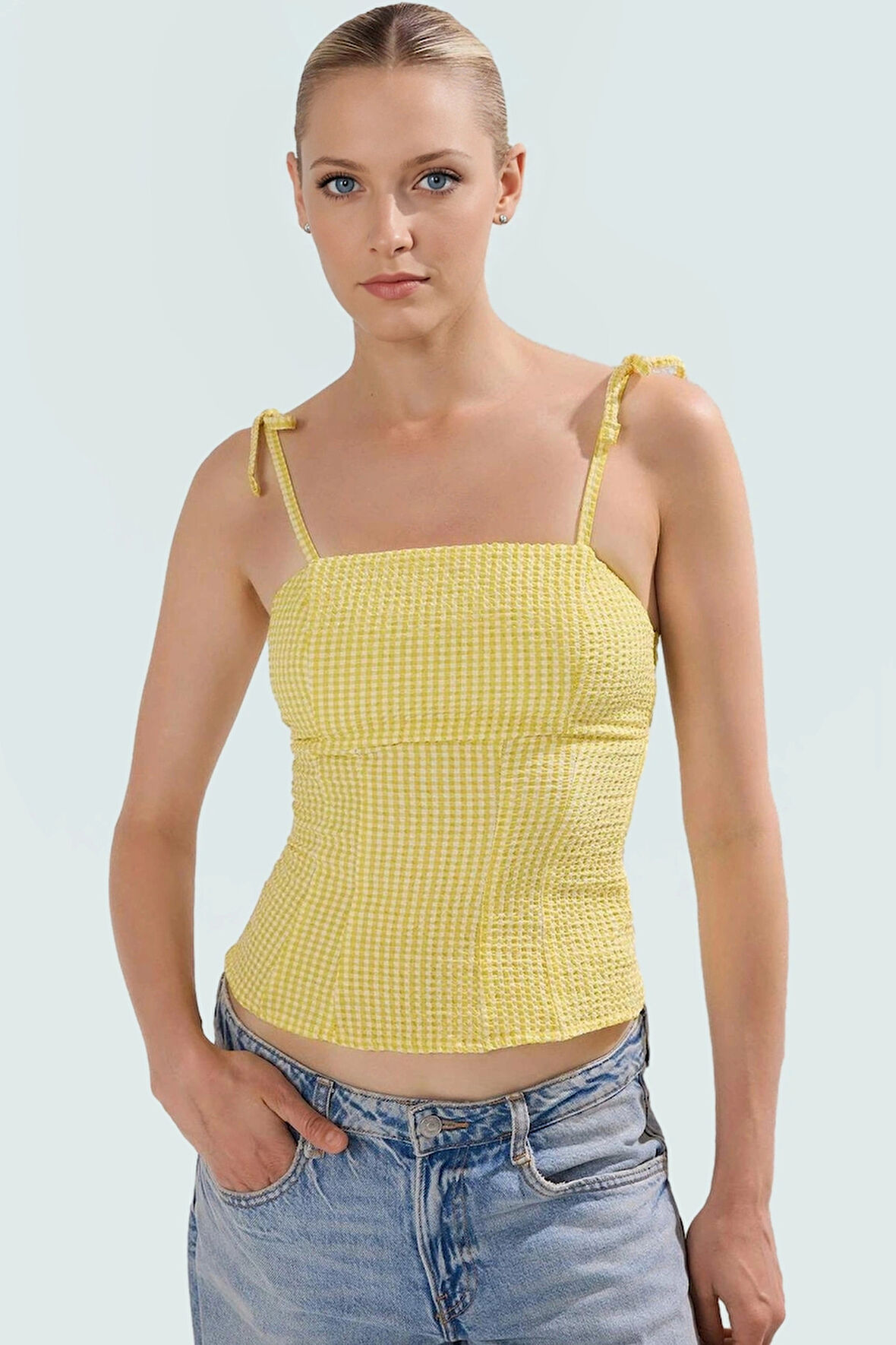 Kareli Kolsuz Bluz Gofre Dokuma Yazlık Rahat Nefes Alan Kumaş Kaliteli İşçilik Özel Tasarım