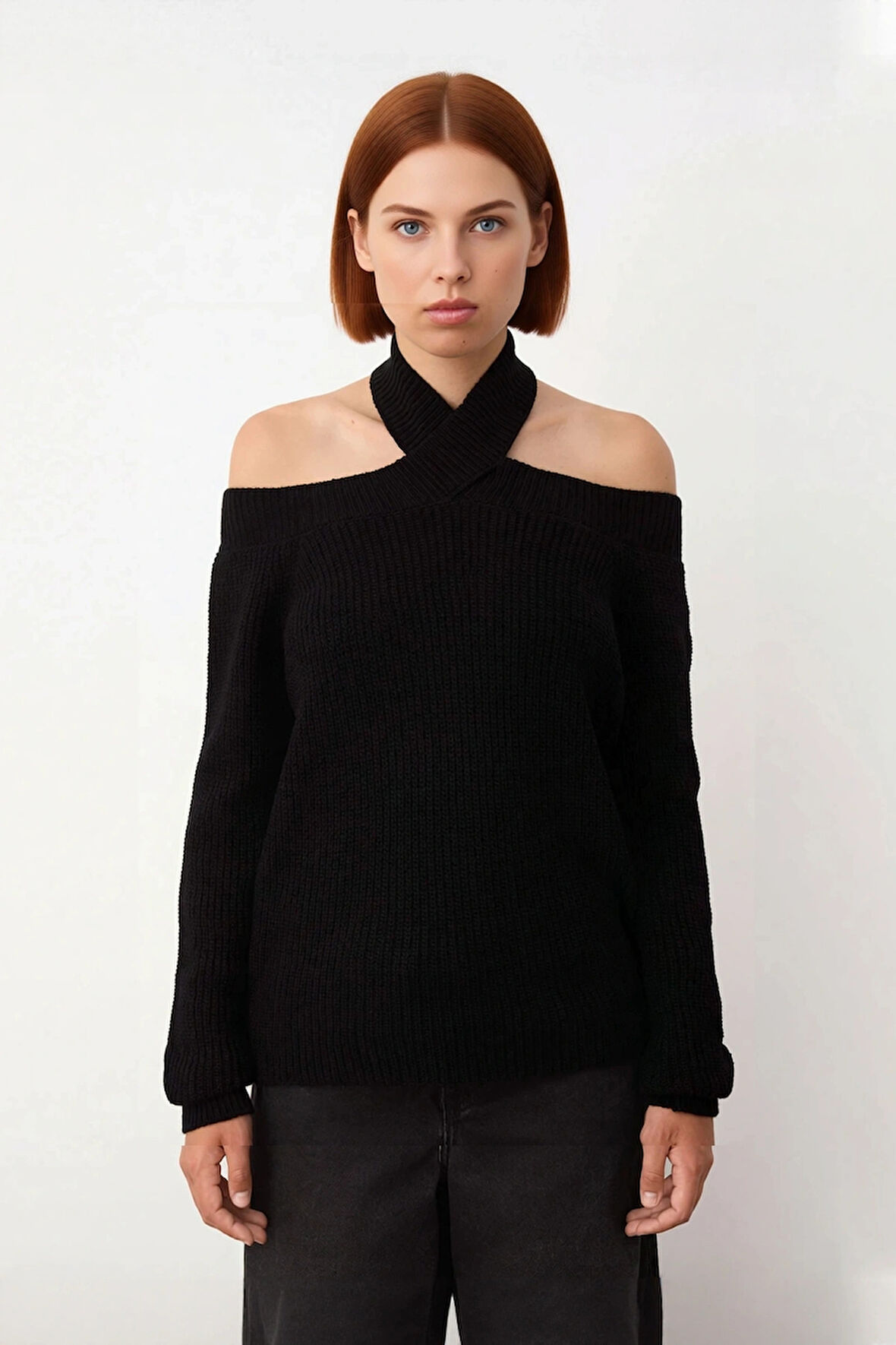 Kadın Düz Desen Akrilik Triko Crop Kesim Omuz Dekolteli Uzun Kollu Soğuk Hava Kazak Kaliteli