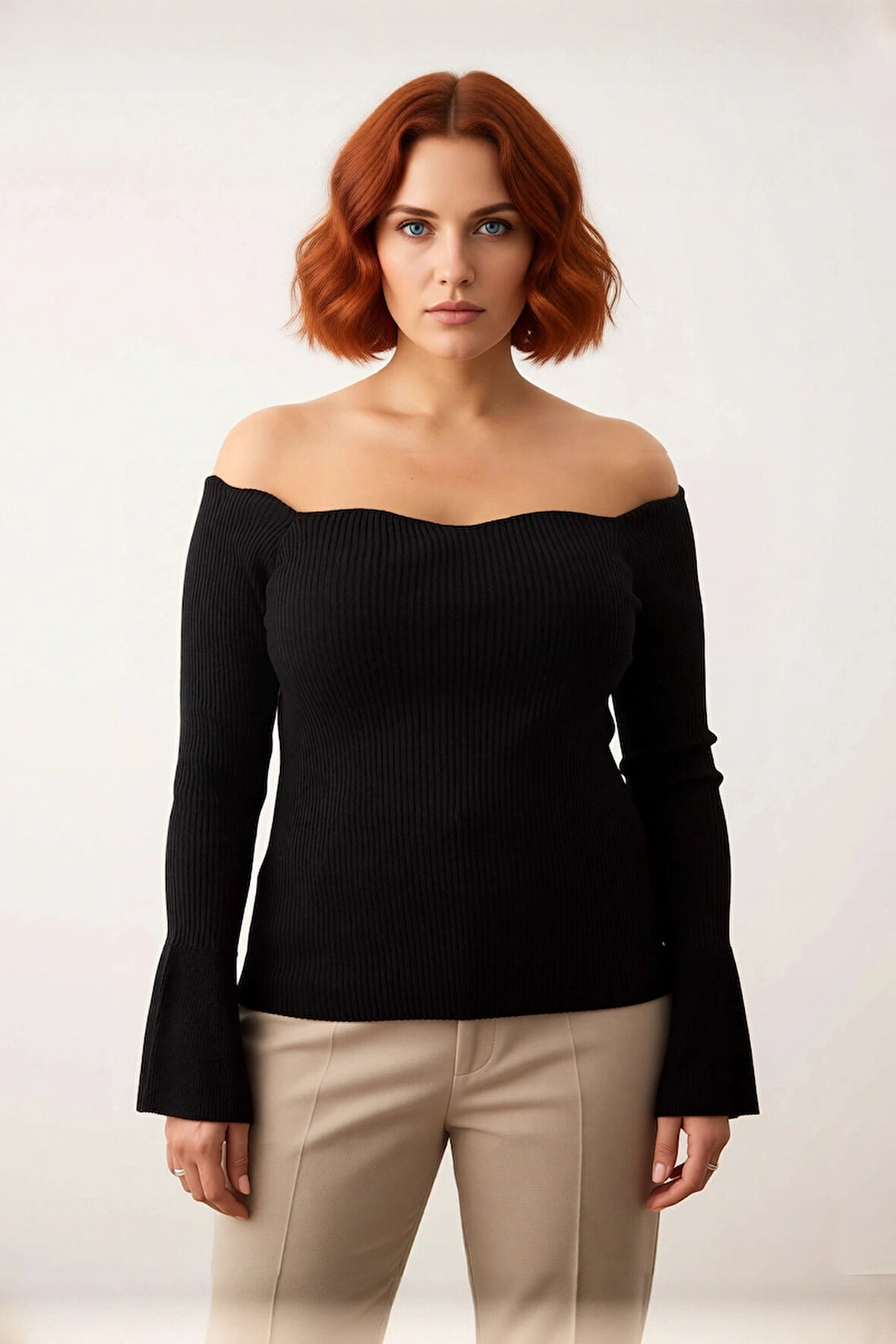 Kadın Triko Carmen Yaka Kazak Fitted Kalıp Fitilli Dokuma Uzun Reglan Kol Şık Bodycone Tasarım