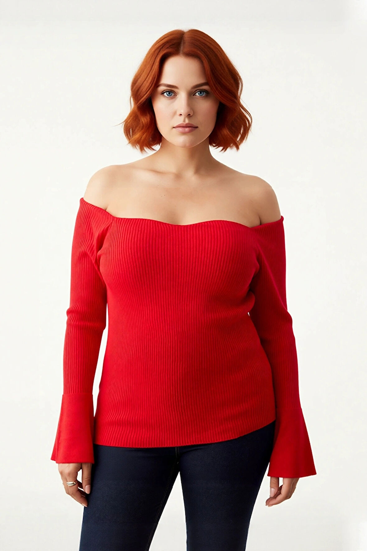 Kadın Triko Carmen Yaka Kazak Fitted Kalıp Fitilli Dokuma Uzun Reglan Kol Şık Bodycone Tasarım