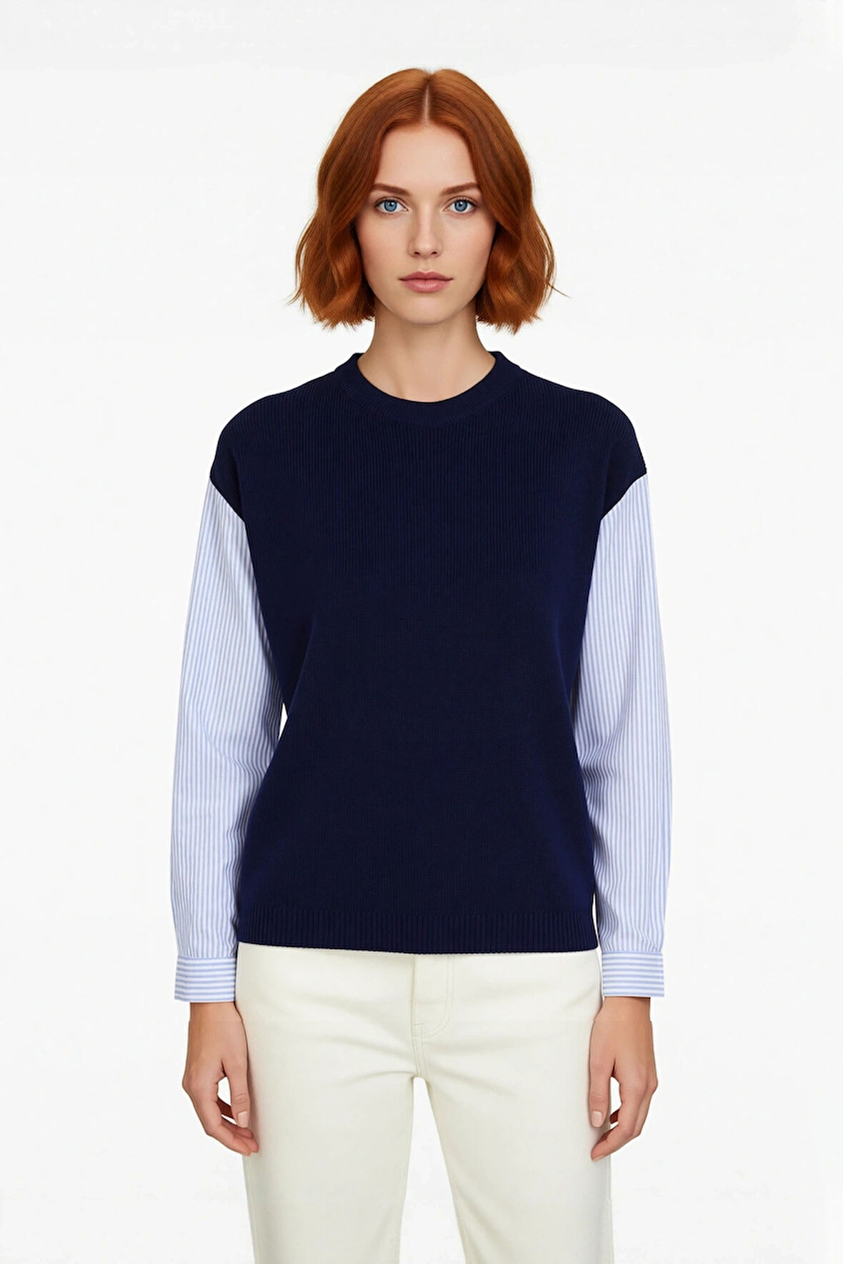 Kadın Gömlek Detaylı Triko Kazak Renk Bloklu Oversize Bisiklet Yaka Günlük Şıklık Ve Konfor Sunar