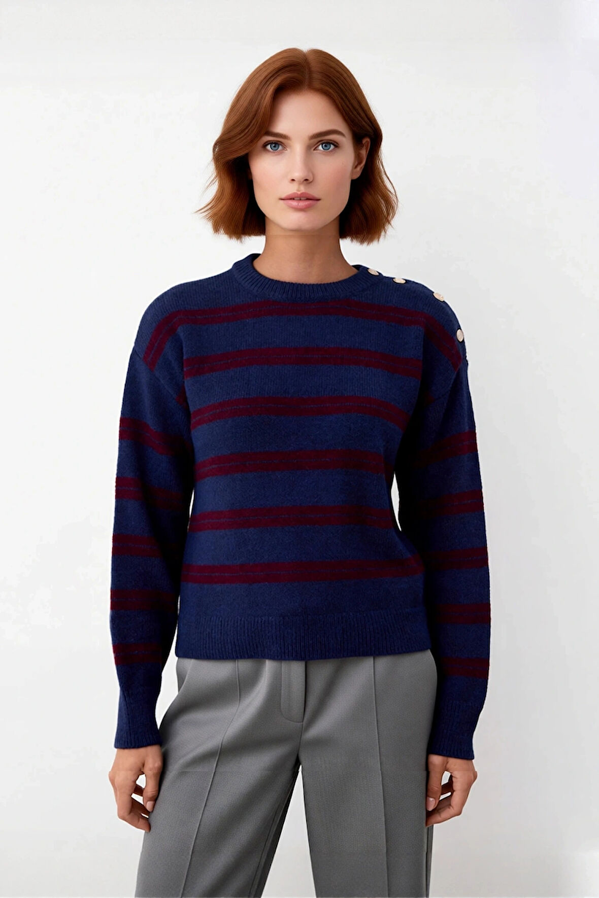 Kadın Triko Kazak Regular Kalıp Omuz Detaylı Bisiklet Yaka Çizgili Düşük Kol Orta Kalınlık