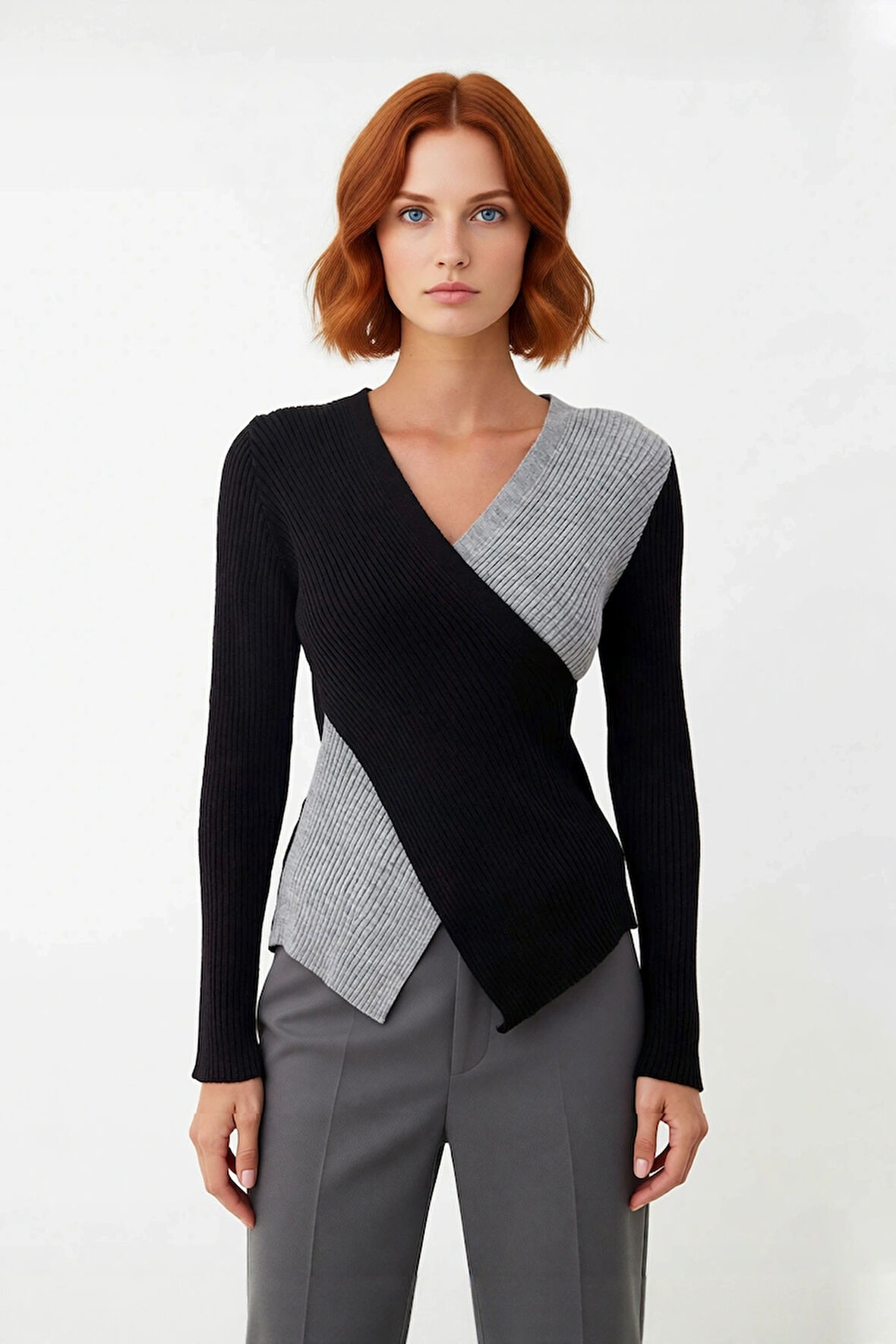 Kadın Vücuda Oturan Fitilli Kruvaze Yaka Triko Kazak Uzun Kollu İlkbahar Sonbahar Rahat Stil İçin