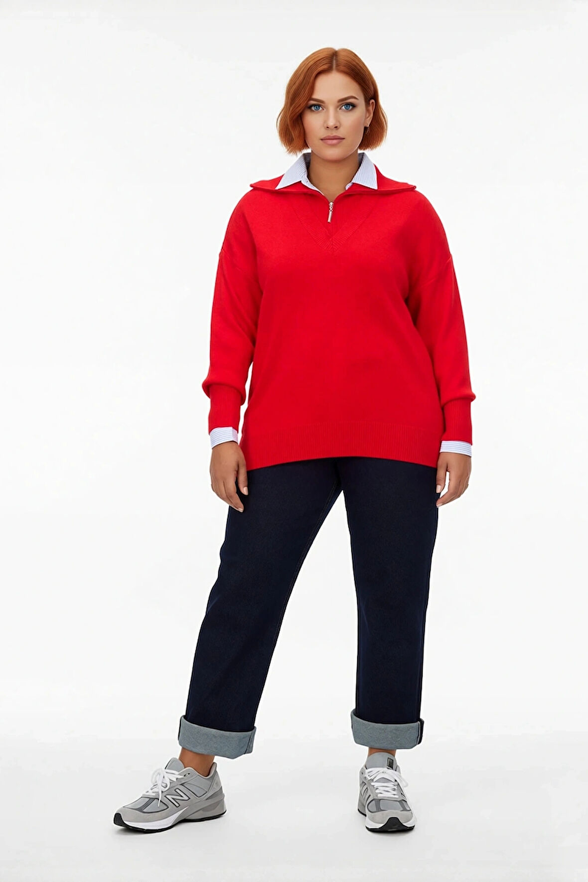 Kadın Rahat Kesim Kırmızı Devrik Yaka Fermuarlı Triko Kazak Düz Desenli Akrilik Kışlık Şıklık