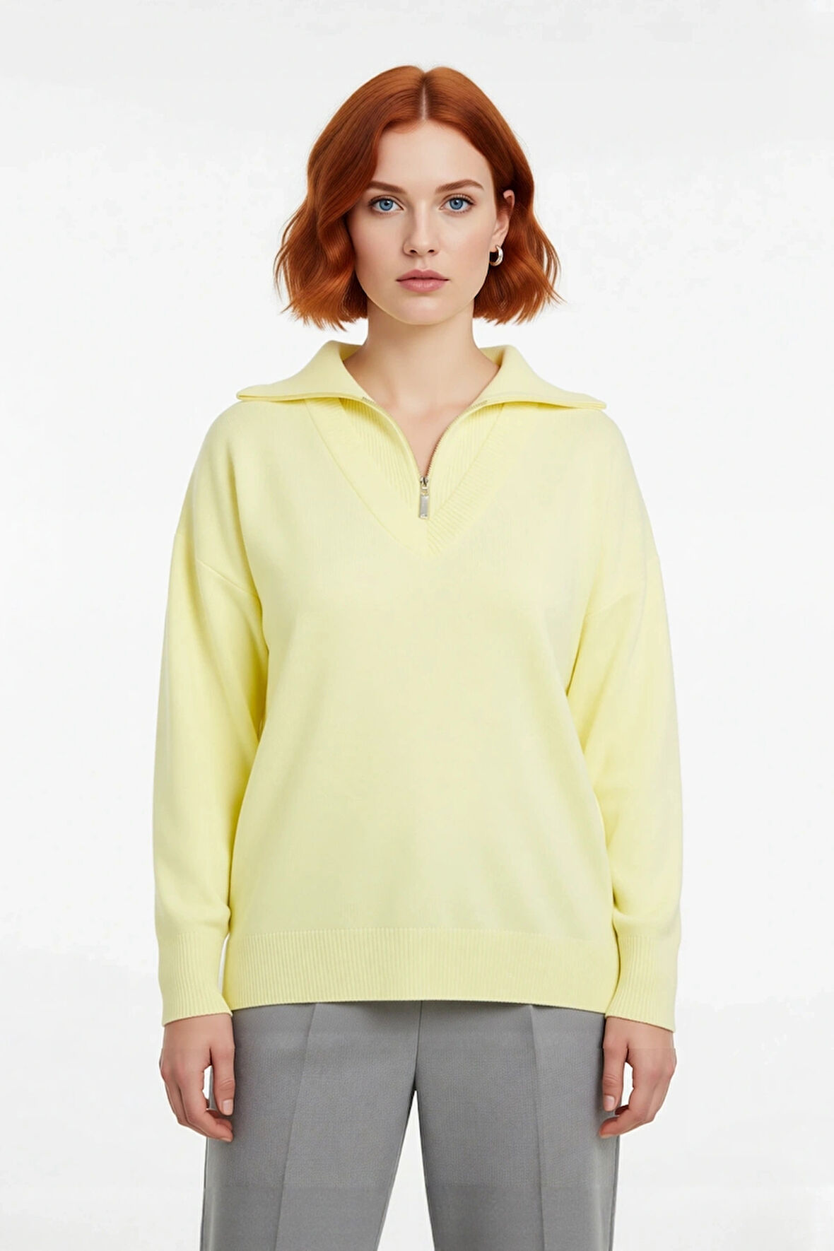 Kadın Rahat Kesim Kırmızı Devrik Yaka Fermuarlı Triko Kazak Düz Desenli Akrilik Kışlık Şıklık