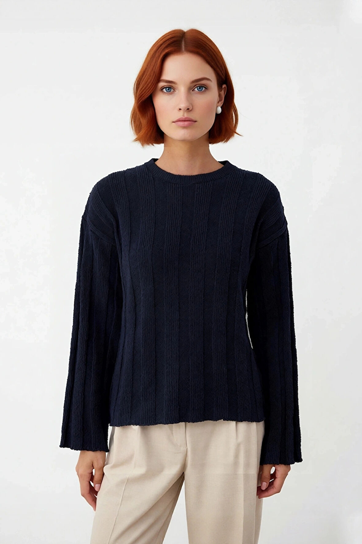 Kadın Fitilli Dokuma Triko Kazak Regular Kalıp Bisiklet Yaka Uzun Kollu Günlük Konforlu Şıklık Sunar