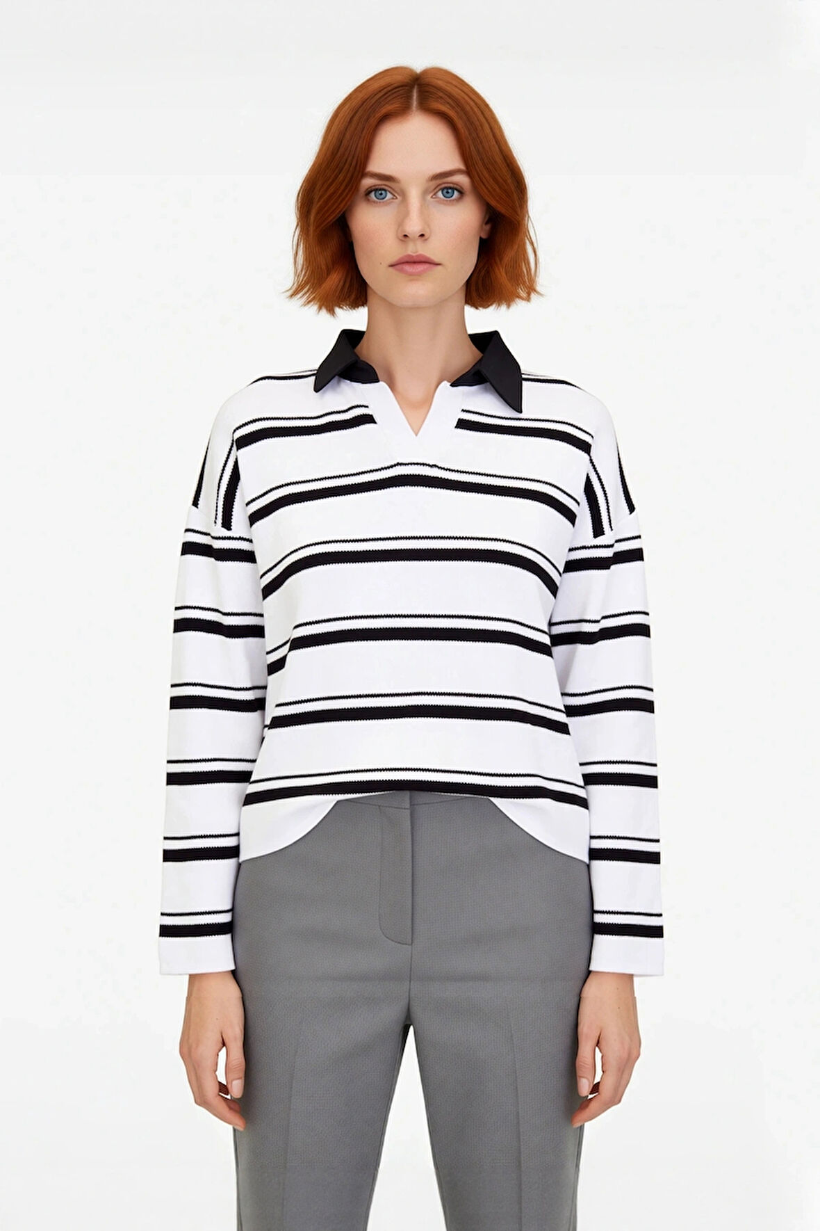 Kadın Oversize Rahat Kesim Çizgili Triko Kazak Polo Yaka Düşük Kol Kışlık Günlük Şıklık Kaliteli