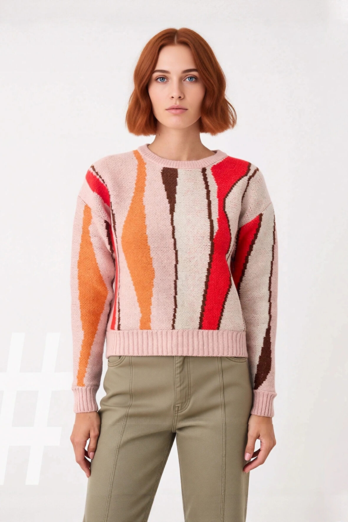 Kadın Kalın Triko Kazak Regular Kesim Renk Bloklu Bisiklet Yaka Düşük Kol Kış Stili Kaliteli