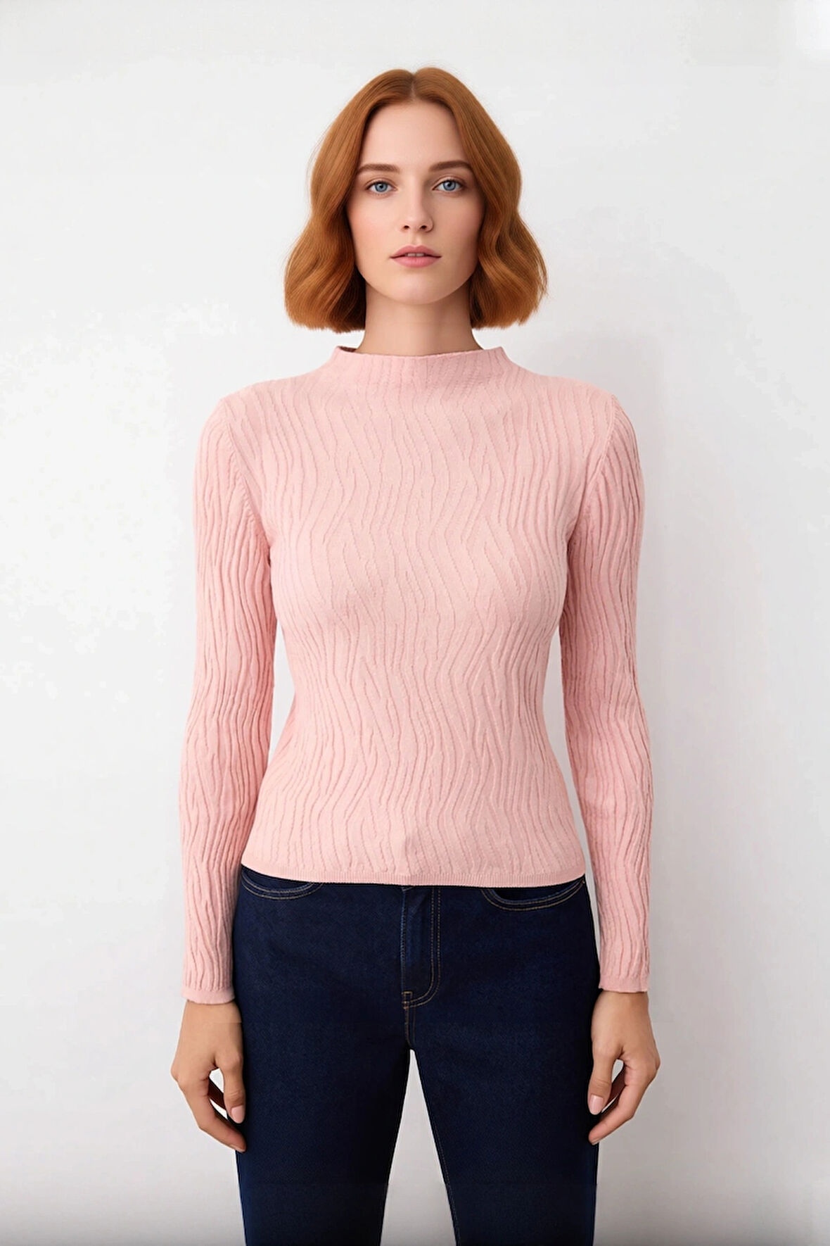 Kadın Dokulu Desenli Fitted Kalıp Dik Yaka İnce Triko Kazak Standart Kollu Rahat Günlük Şıklık