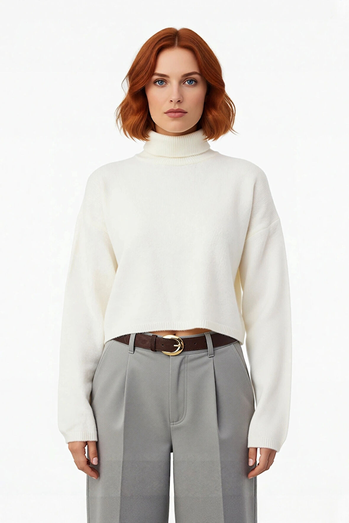 Kadınlara Özel Geniş Kalıp Balıkçı Yaka Triko Kazak Düşük Kol Süper Crop Kışlık Günlük Şıklık