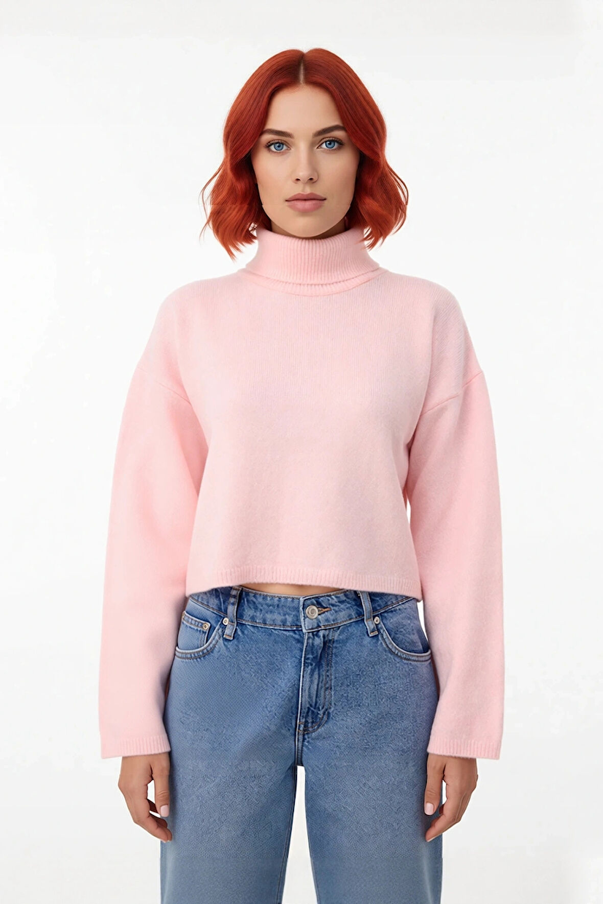 Kadınlara Özel Geniş Kalıp Balıkçı Yaka Triko Kazak Düşük Kol Süper Crop Kışlık Günlük Şıklık