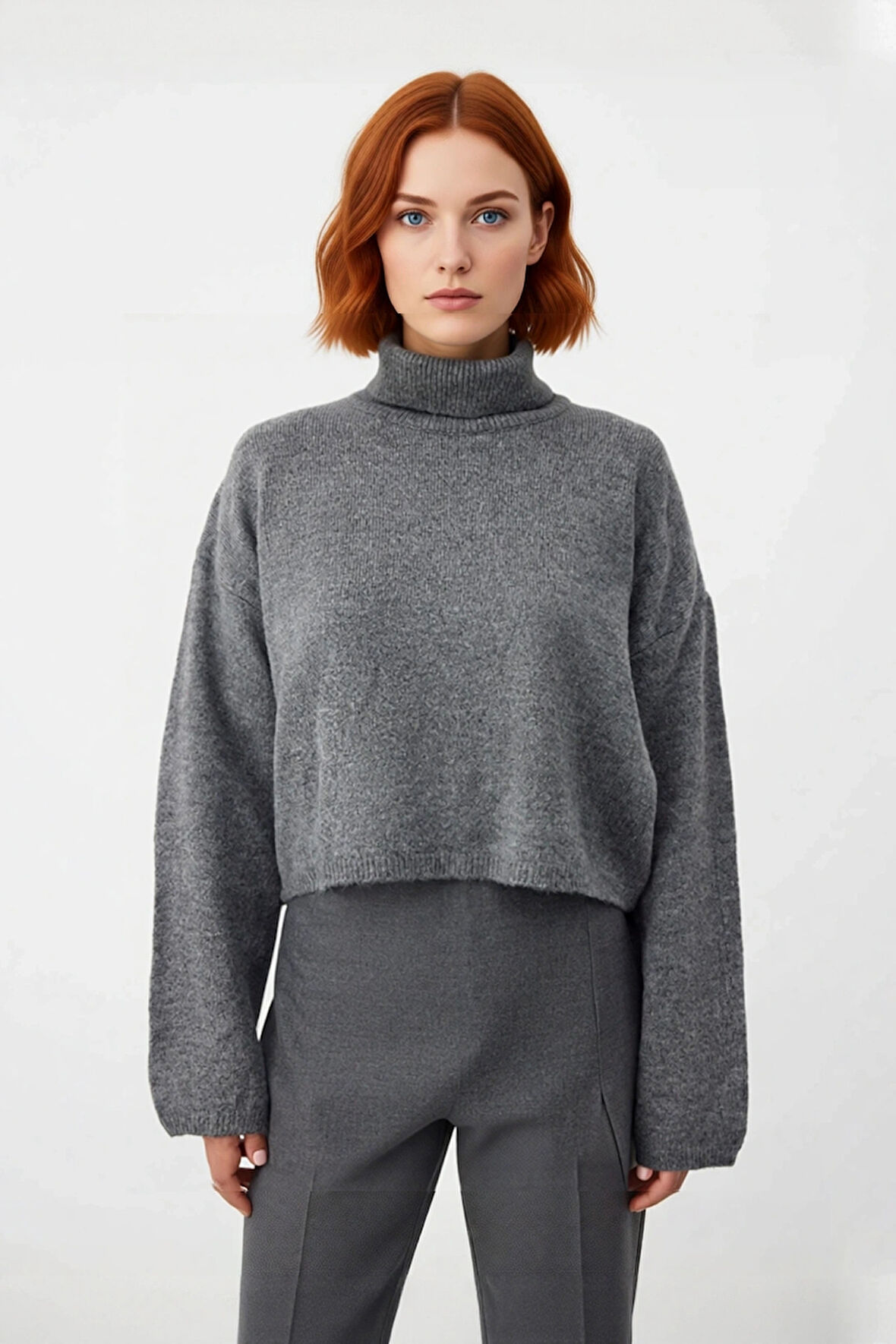 Kadınlara Özel Geniş Kalıp Balıkçı Yaka Triko Kazak Düşük Kol Süper Crop Kışlık Günlük Şıklık