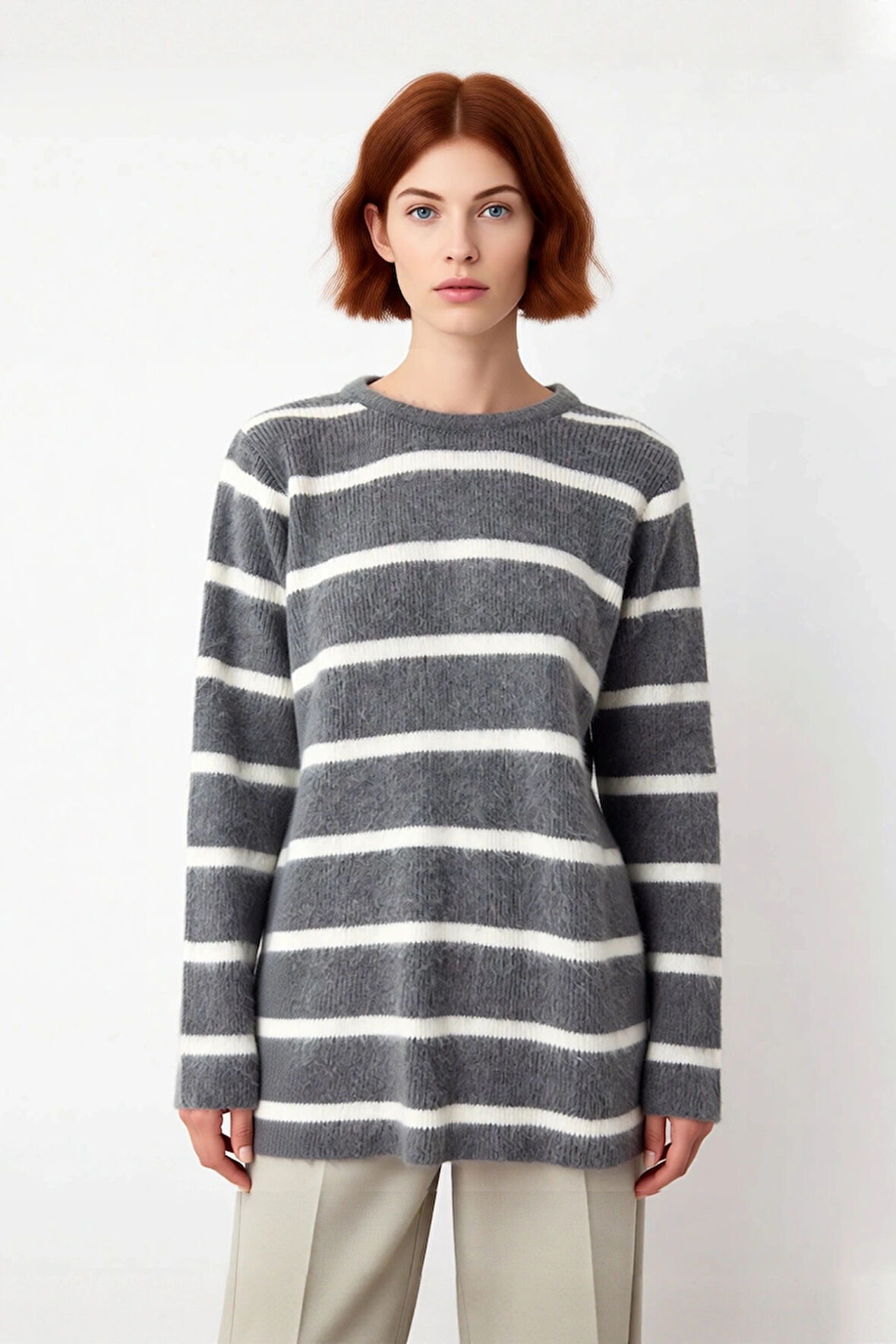 Kadınlar İçin Triko Çizgili Düşük Kol Rahat Bisiklet Yaka Tesettür Giyim Kışlık Günlük Kazak