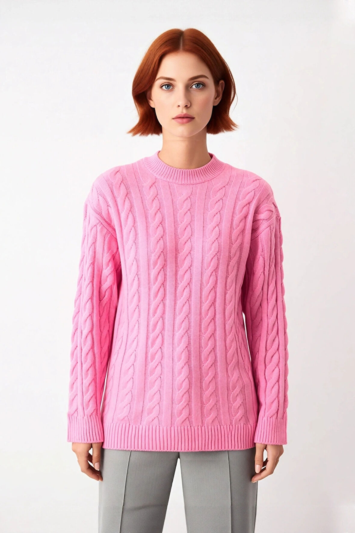 Kadınlara Özel Şık Regular Kesim Saç Örgü Triko Kazak Uzun Kollu Bisiklet Yaka Kış Giyimi Kaliteli