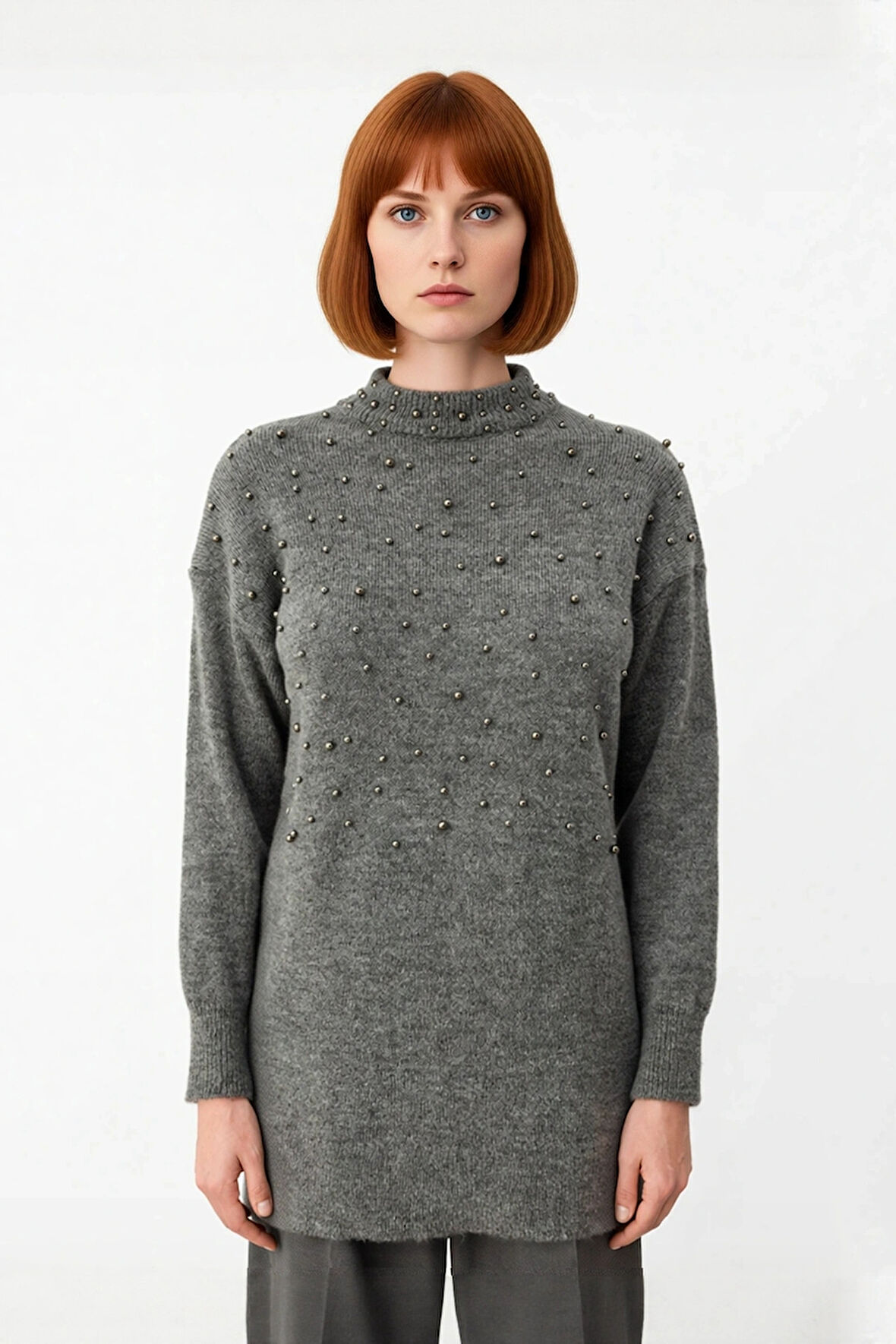 Kadınlara Özel Tesettür Giyime Uygun Metal İnci Detaylı Bisiklet Yaka Triko Kazak Soğuk Havalarda