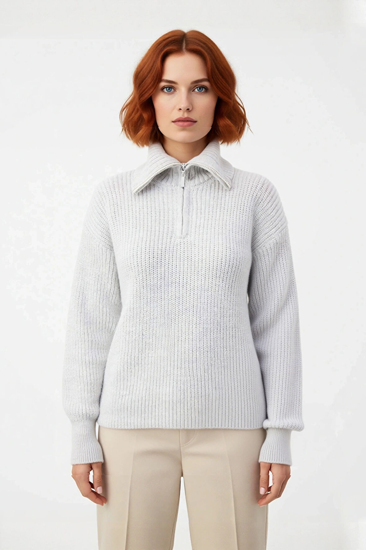 Kadın Casual Regular Kalıp Selanik Dokuma Uzun Kollu Triko Kazak Fermuarlı Dik Yaka Soğuk Havalar