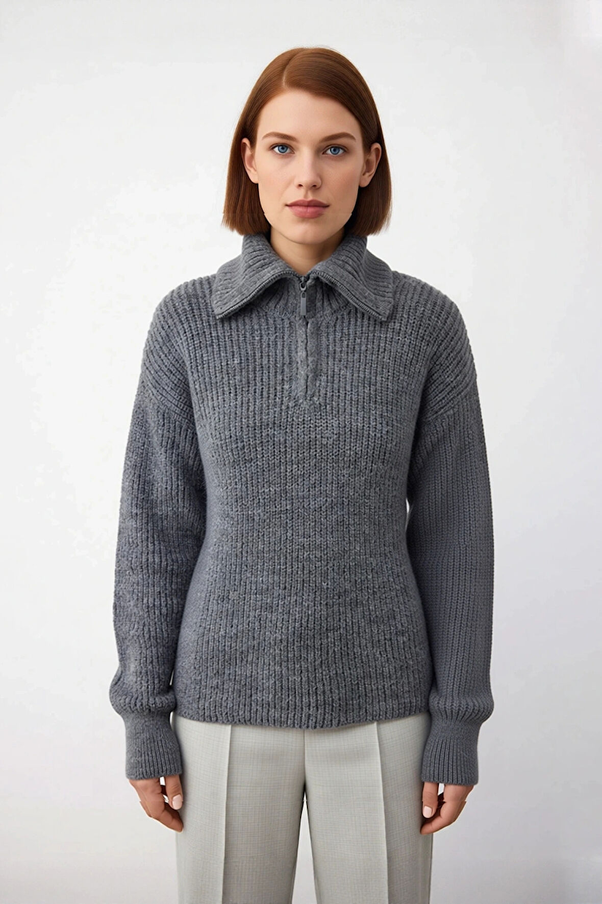 Kadın Casual Regular Kalıp Selanik Dokuma Uzun Kollu Triko Kazak Fermuarlı Dik Yaka Soğuk Havalar