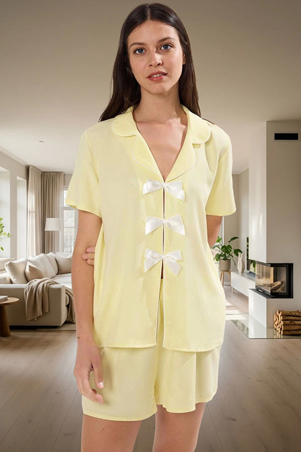 Yazlık Viskoz Pijama Takımı; Kurdele Detaylı Rahat Şortlu Zarifane Tasarım Özel