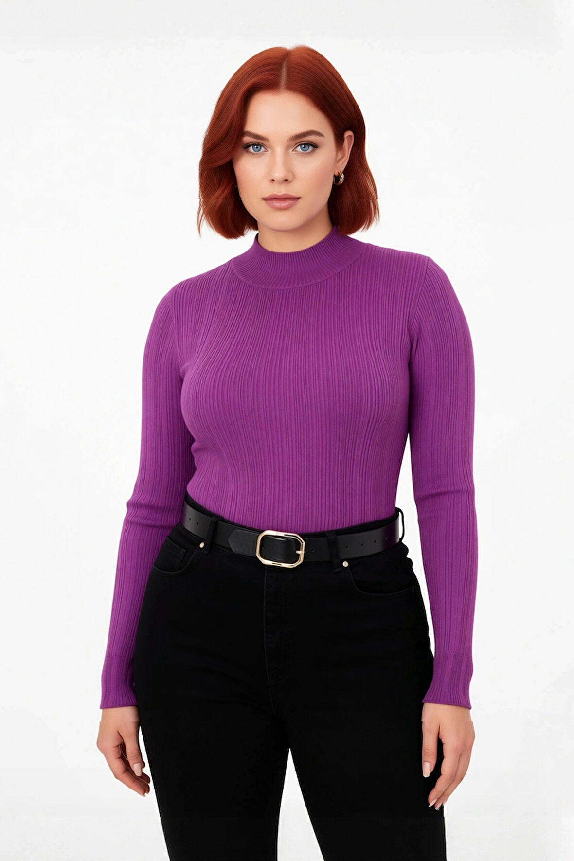 Kadınlara Özel İnce Fitilli Dik Yaka Mor Triko Kazak Günlük Kombinleriniz İçin İdeal Seçim.