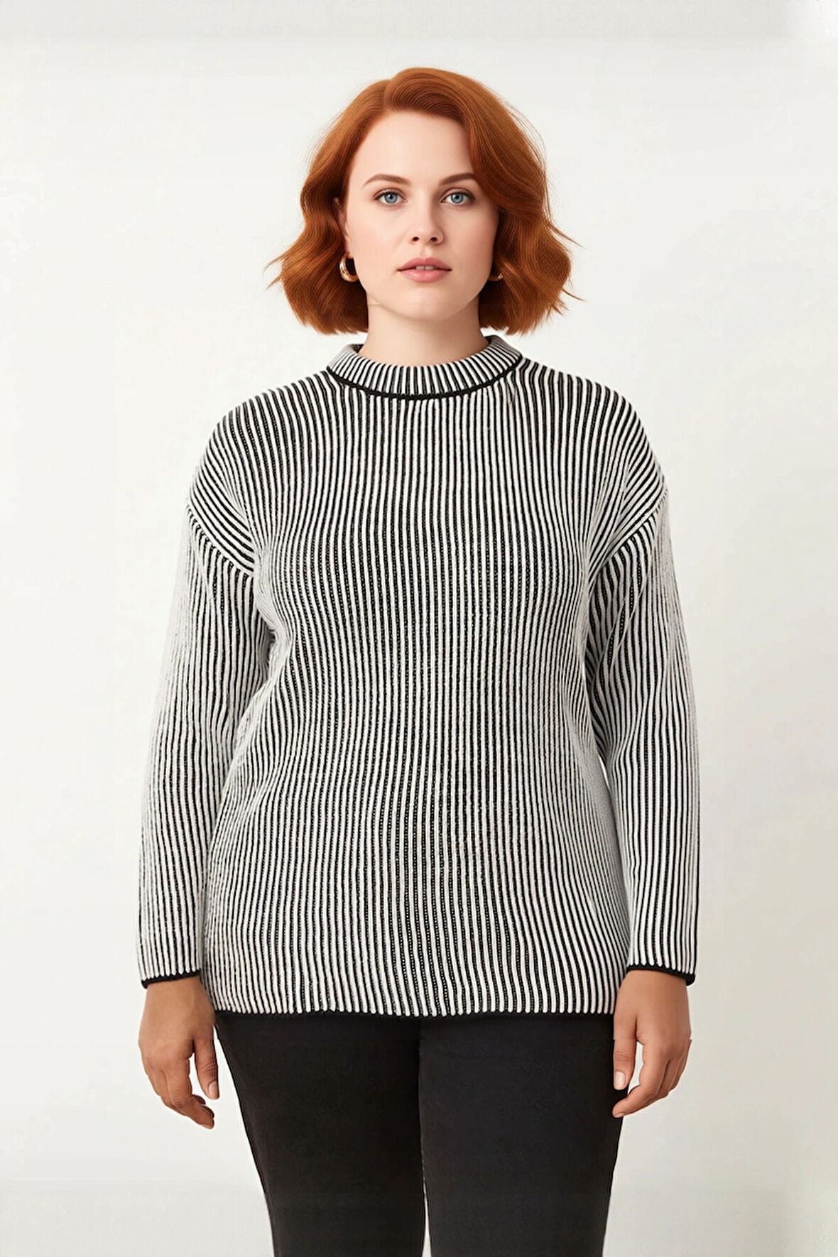 Kadın Regular Kalıp Uzun Kollu Orta Kalınlıkta Fitilli Çizgili Bisiklet Yaka Triko Kazak Seçimi