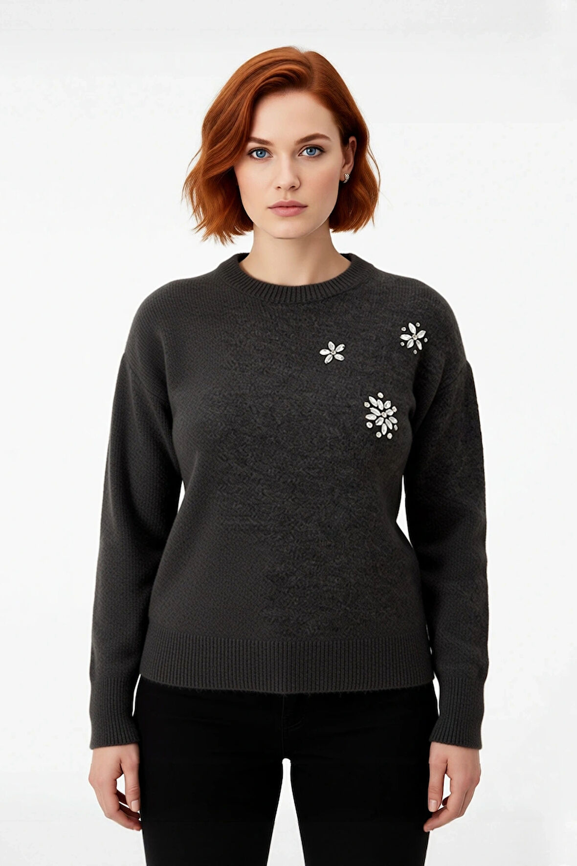 Kadın Pembe Işıltılı Taş İşlemeli Regular Kesim Bisiklet Yaka Uzun Kollu Günlük Triko Kazak