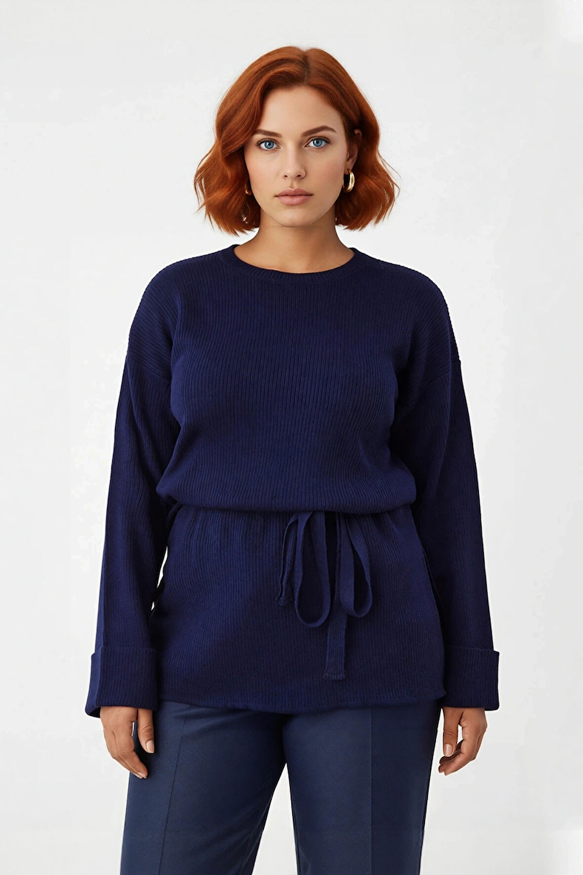 Kadın Düşük Kol Uzun Boy Bisiklet Yaka Relaxed Fitilli Triko Kazak Kış Sezonu İçin Şık Ve Konforlu