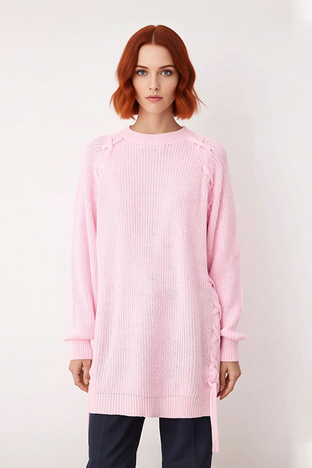 Kadın Rahat Kesim Reglan Kol Örgü Detaylı Selanik Dokuma Bisiklet Yaka Akrilik Triko Kazak