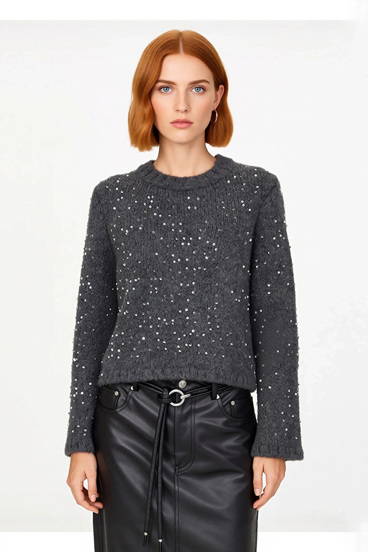 Kadın Pul Payetli Regular Kesim Crop Bisiklet Yaka Uzun Kol Yumuşak Dokulu Triko Kazak Kaliteli