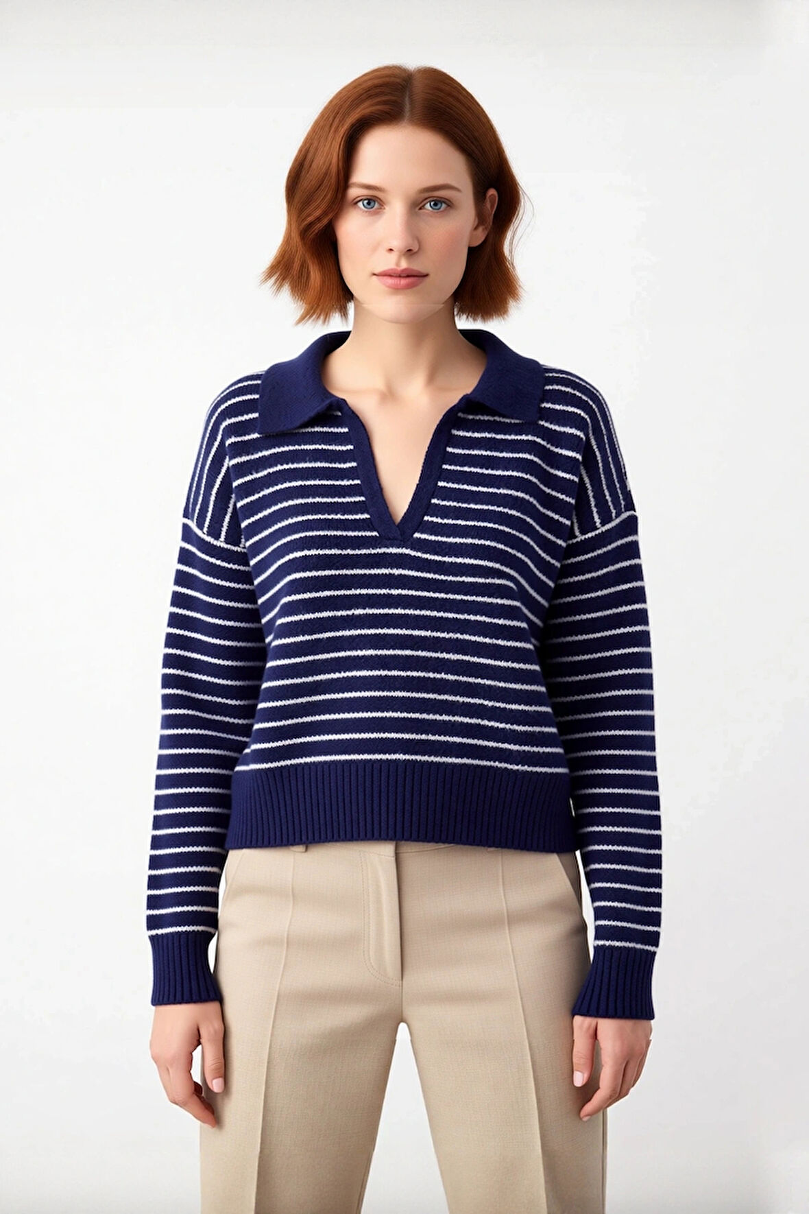 Kadınlara Özel Düşük Kol Oversize Triko Kazak Rahat Kesim Polo Yaka Kış Şıklığı Sunar Kaliteli