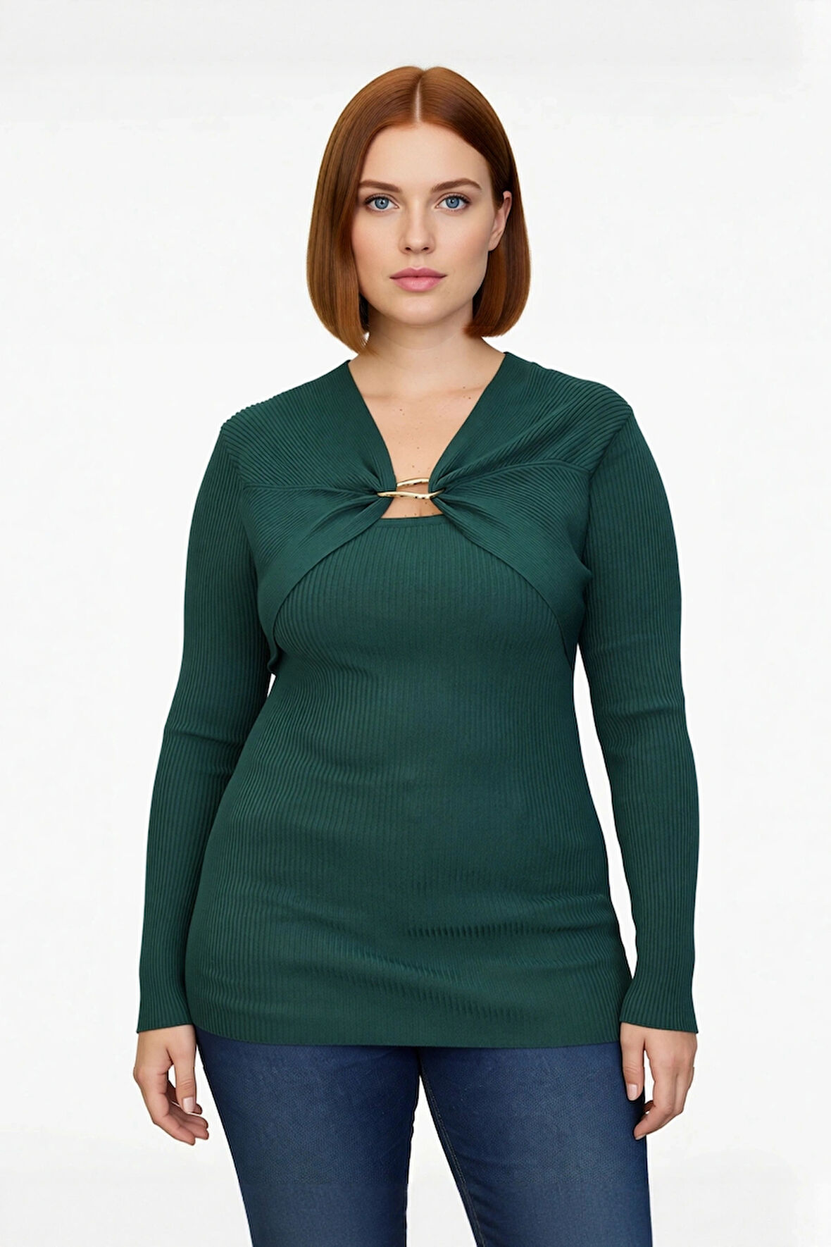 Kadın Premium Özel İplik Fitilli Triko Kazak Aksesuar Detaylı V Yaka Uzun Kol Zarif Giyim Kaliteli