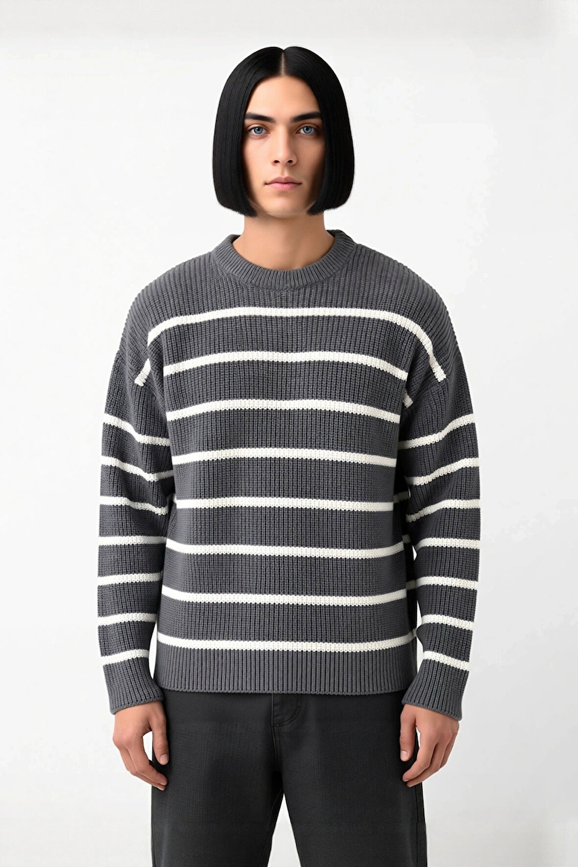 Modern Erkek Gri Çizgili Oversize Bisiklet Yaka Akrilik Uzun Kollu Kış Kombinlerinin Vazgeçilmezi