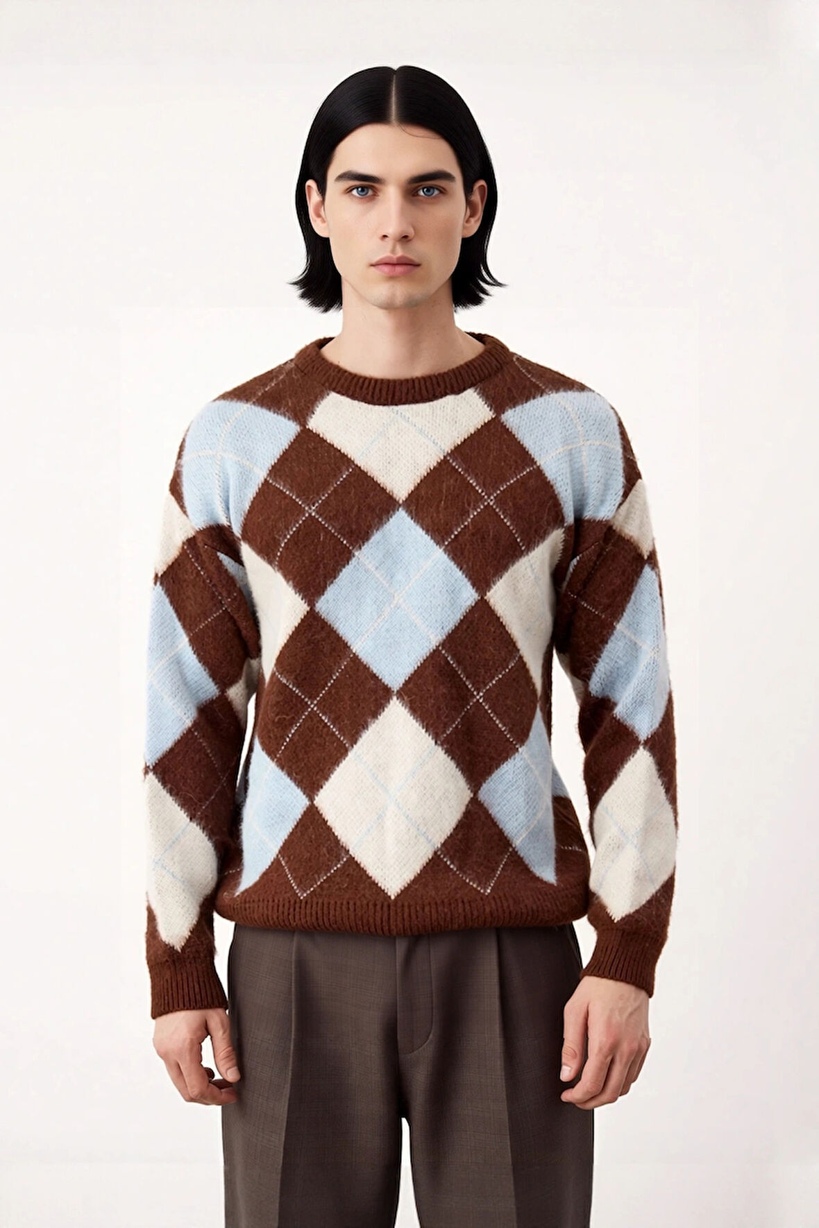 Erkek Soğuk Havalar İçin Regular Kalıp Bisiklet Yaka Ekose Deseniyle Konforlu Triko Kazak Günlük