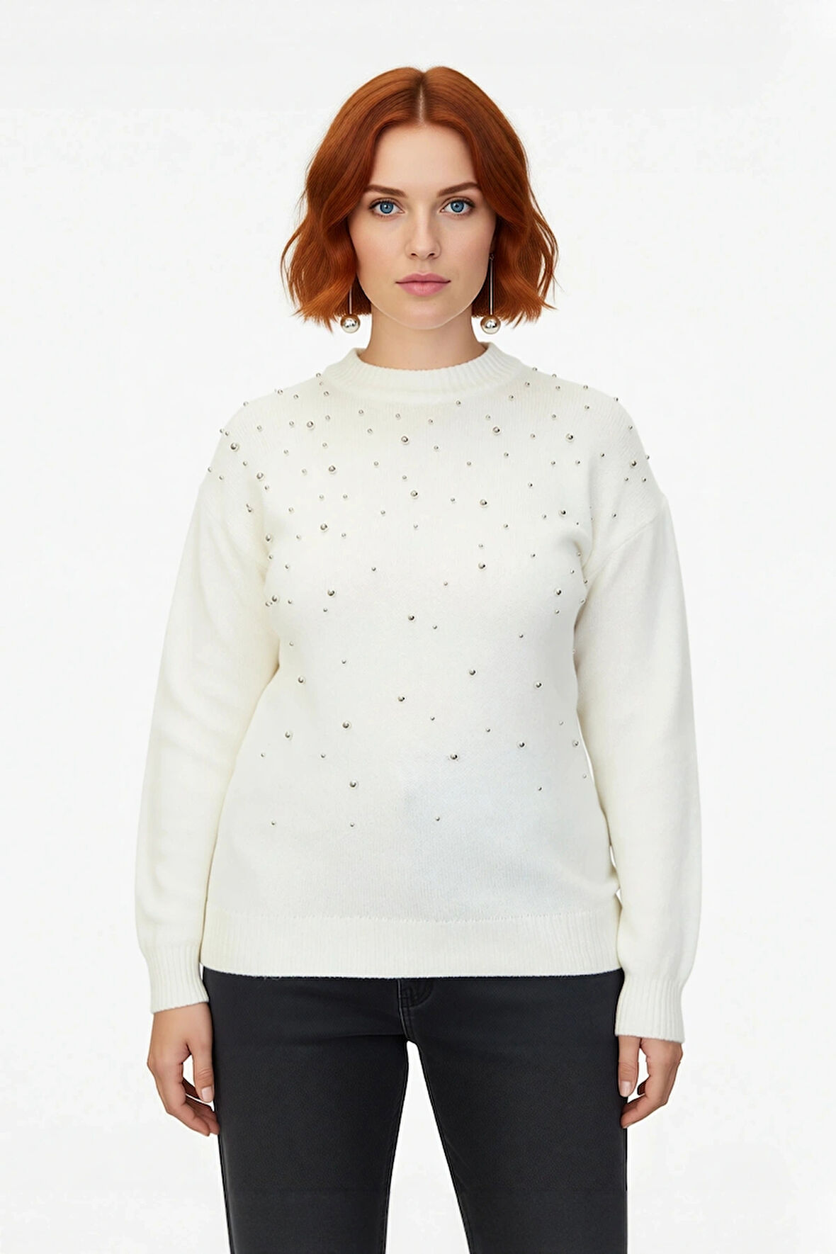 Kadınlara Özel Regular Kesim Ekru Trok Detaylı Düşük Kollu Bisiklet Yaka Orta Kalın Triko Kazak