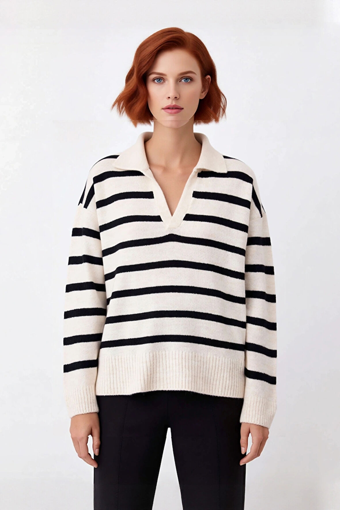 Kadın Düşük Kollu Oversize Triko Kazak Çizgili Deseniyle Gündelik Şıklığı Yakalayın Polo Yaka