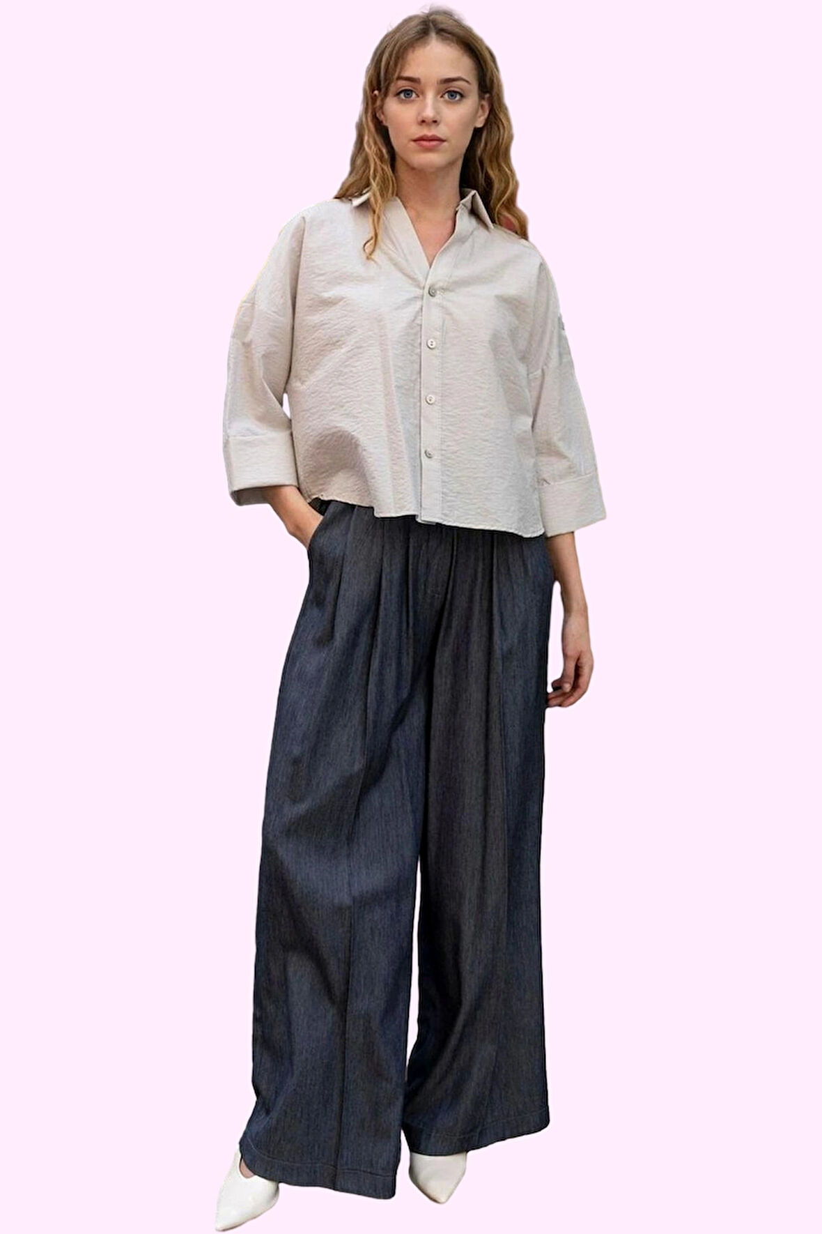 Kadın Chambre Dokuma Geniş Paça Pantolon Yüksek Bel Yaz Günlük Hafta Sonu Kaliteli Malzeme