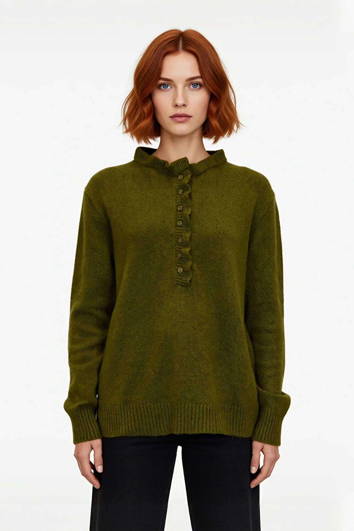 Kadın Regular Kalıp Düz Desen Bisiklet Yaka Düğme Detaylı Triko Kazak Kış Günleri İçin Konforlu