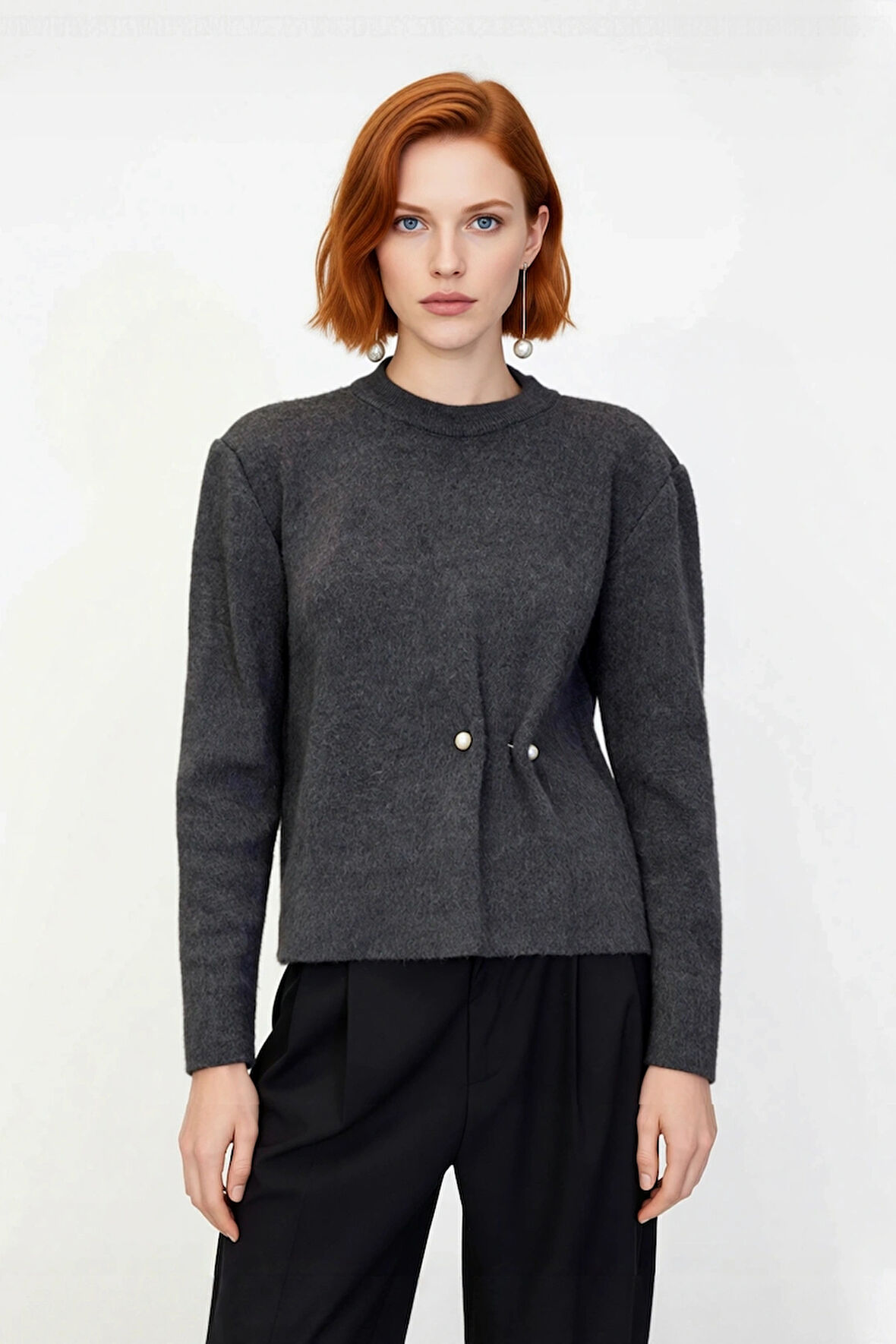 Kadın Yumuşak Dokulu Regular Triko Kazak Bisiklet Yaka Uzun Kollu İnci Detaylı Kış Stili Kaliteli