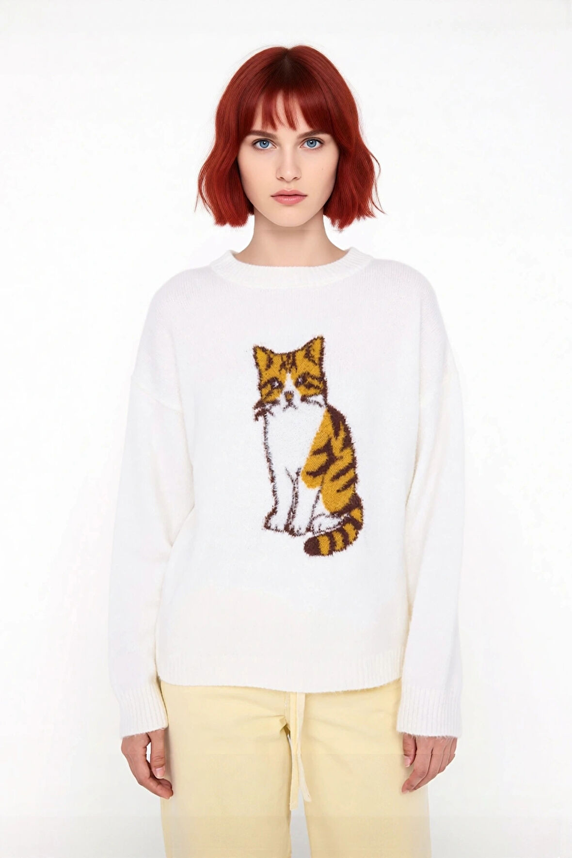 Genç Kadın Rahat Kesim İntersia Dokuma Köpek Nakışlı Bisiklet Yaka Triko Kazak Trend Stil Kaliteli