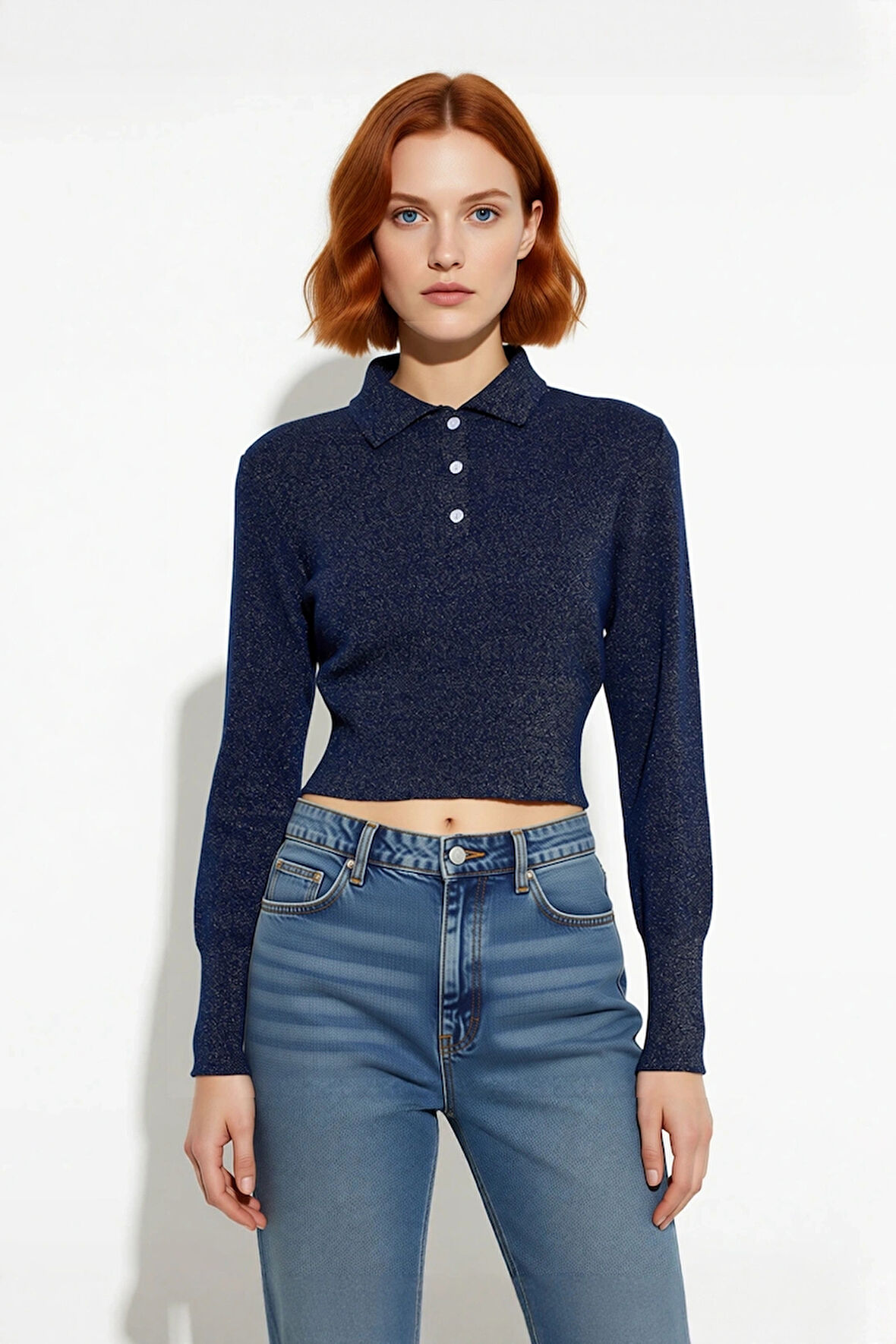 Kadın Regular Kalıp Uzun Kollu Polo Yaka Simli Triko Kazak Gündüz ve Gece Kombinleri İçin İdeal