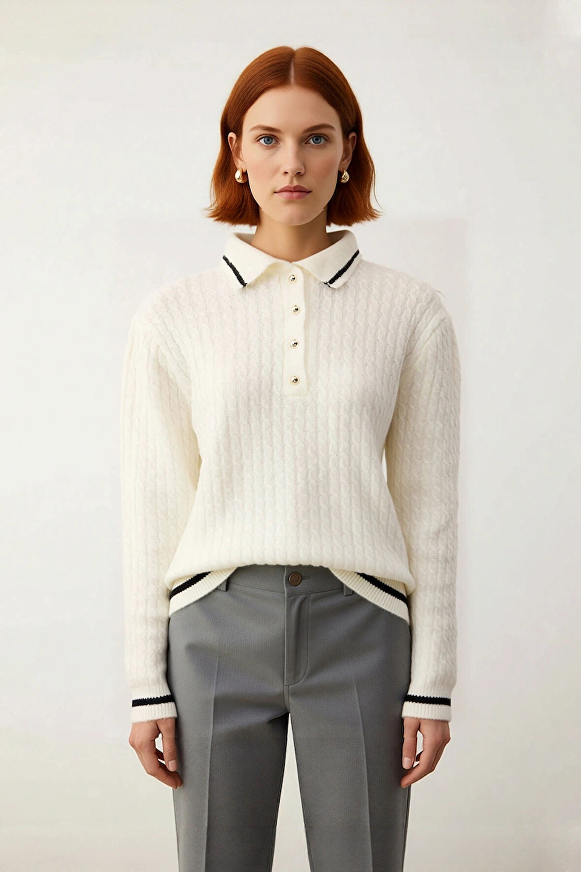 Kadınlara Özel Polo Yaka Düşük Kol Regular Kesim Ekru Triko Kazak Kışlık Kombinlerin Vazgeçilmezi