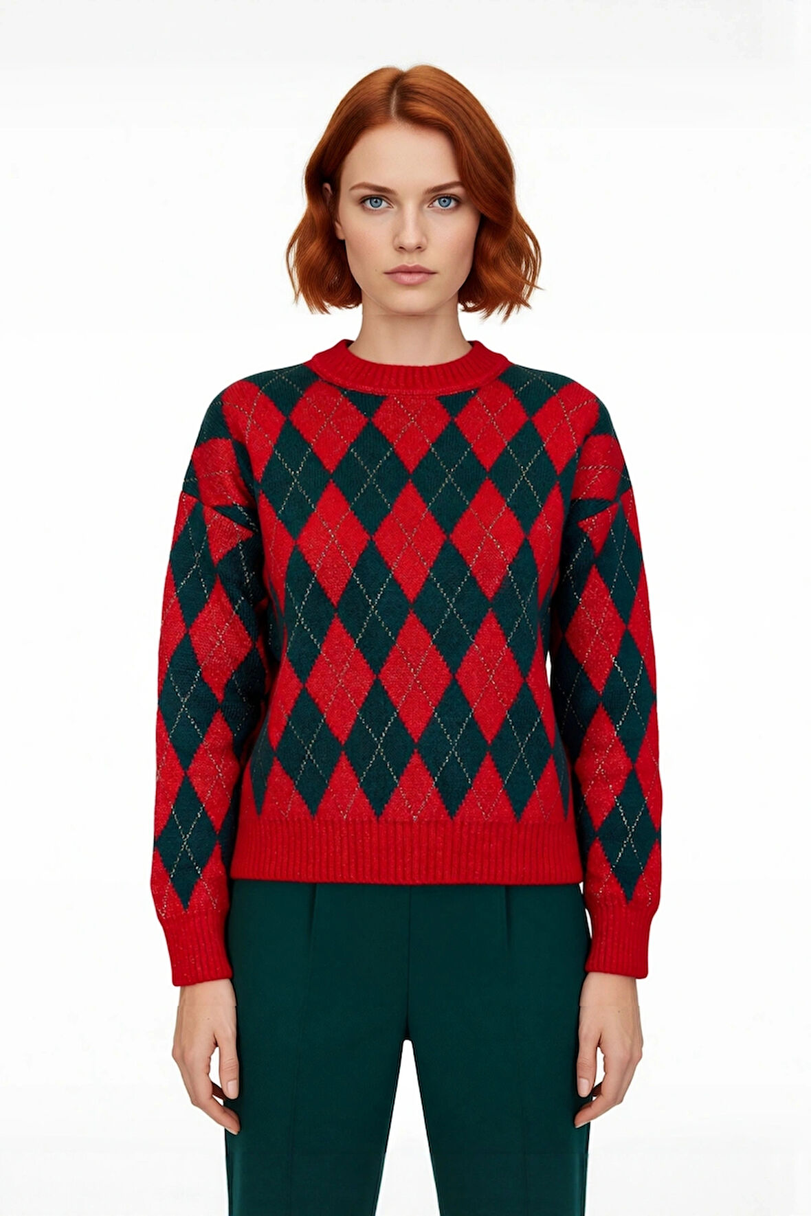 Kadın Cool Comfort Baklava Desenli Kışlık Triko Oversize Uzun Düşük Kollu Bisiklet Yaka Kazak