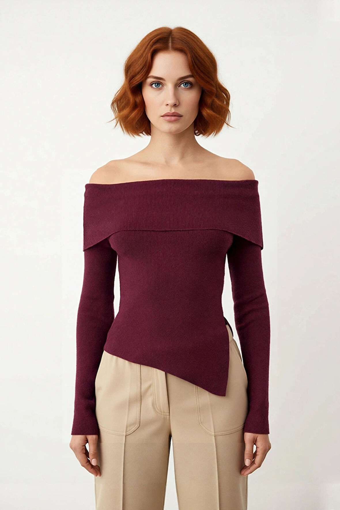 Kadın Fitted Carmen Yaka Düz İnce Triko Bluz Uzun Standart Kol Şık Tasarım Günlük Ve Gece Kombinleri