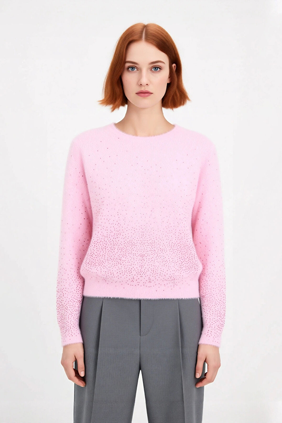 Bayan Pembe Işıltılı Taş Detaylı Yumuşak Triko Kazak Bisiklet Yaka Rahat Ve Modern Tasarım